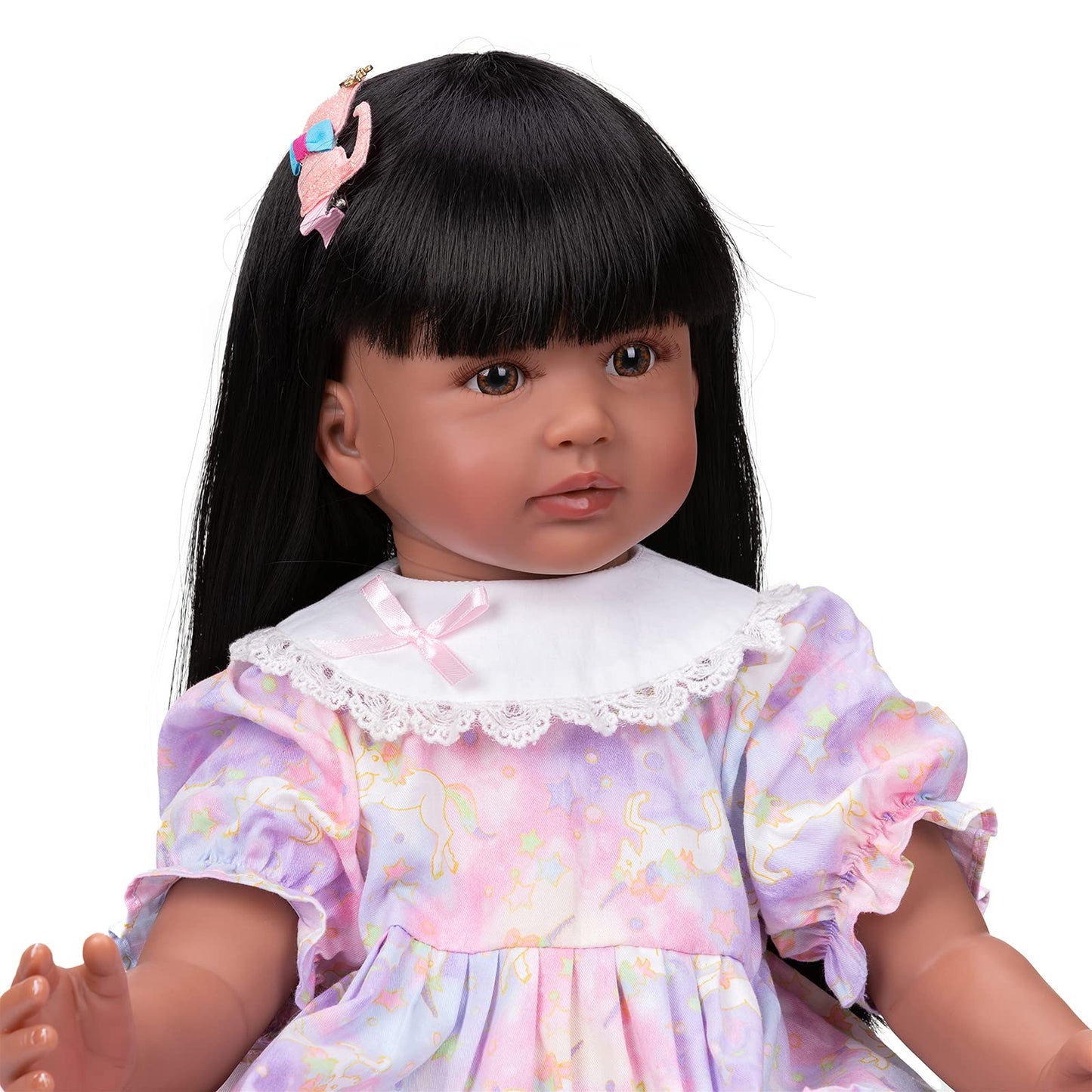 KOKOMANDY Lifelike African American Reborn Baby Dolls Black Girl 24 inches Toddler Doll Handamde Realistic Silicone Reborn Doll Weighted Body with Long Black Hair Toys for Kids