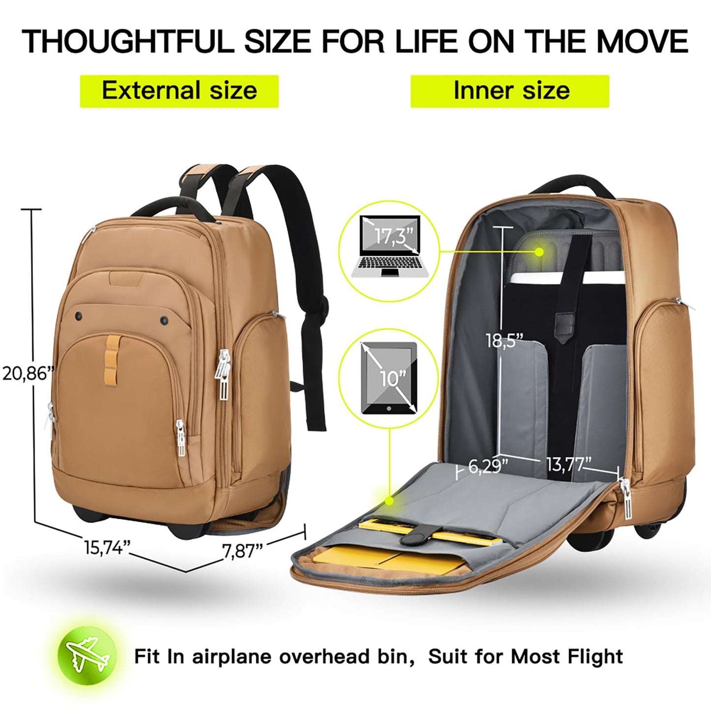 Rolling Laptop Bag with Wheels, Adjustable 13-17.3 Inch Computer Travel Backpack for Men & Women, Wheeled Work Bag, Carry-on Luggage