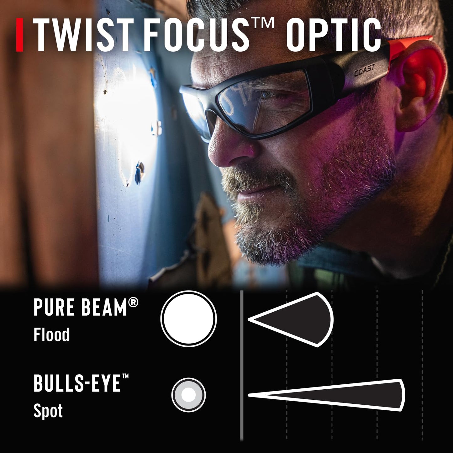 CoastSPG500 Rechargeable Lighted LED SafetyGlasses,Bulls-Eye Spot Beam,ANSI Z87Standards, 2Scratch Resistant Lenses (Clear,Yellow) Included, UVProtection, Protective Carrying Case Included (Black/Red)