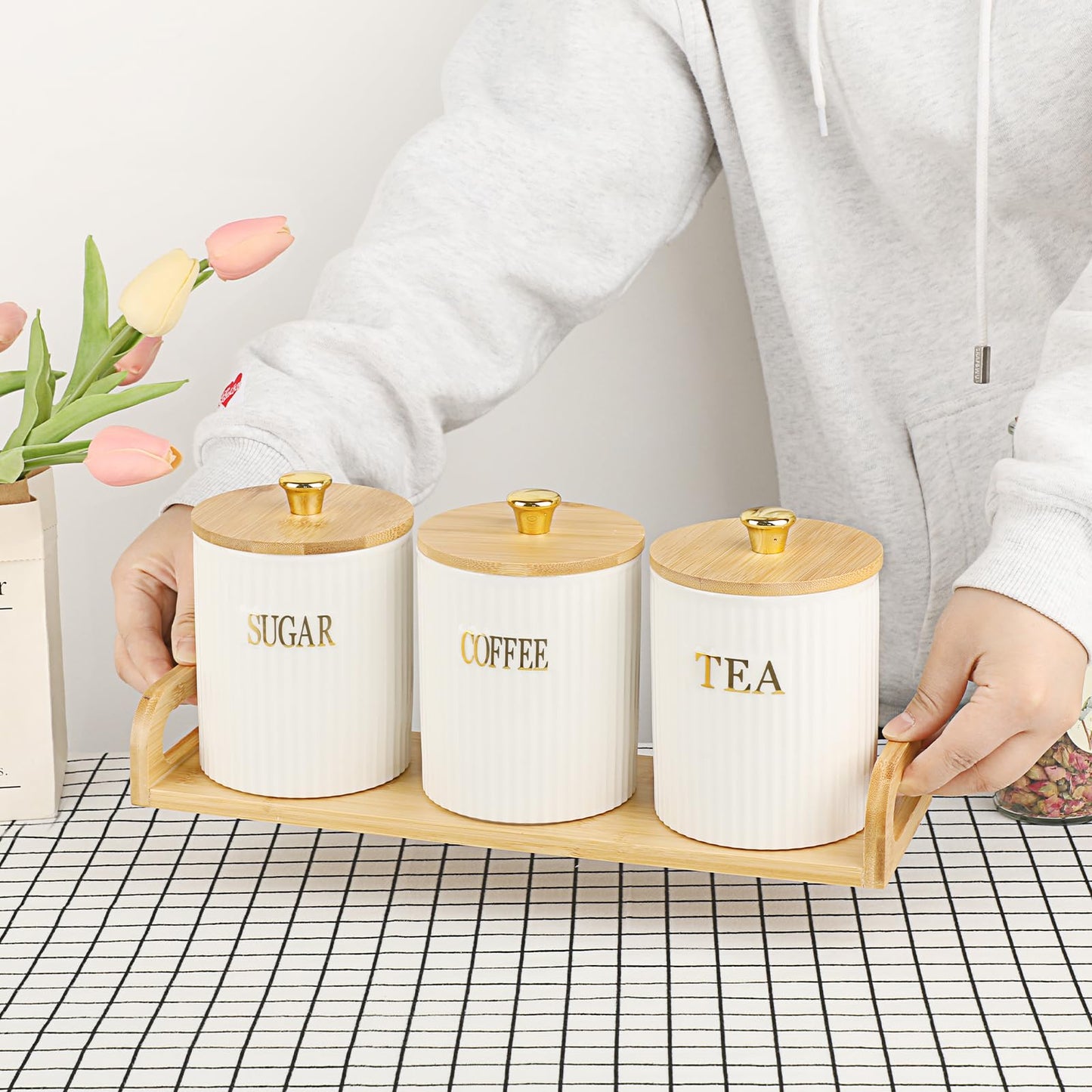 OGANAZI 3 Pack Ceramic Canister Set with Bamboo Lids and Handle Tray, Coffee Tea Sugar Container Set, White Ceramic Storage Jar Kitchen Canister for Countertop, White-Style 2