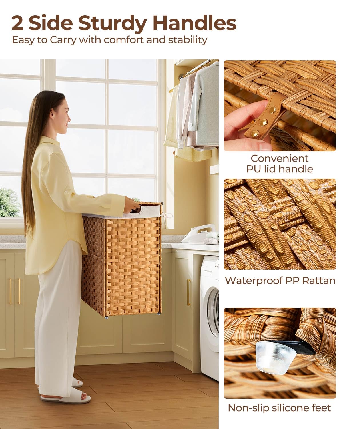 Greenstell Laundry Hamper with lid, No Install Needed, 130L Wicker Laundry Baskets Foldable 2 Removable Liner Bags, 2 Section Clothes Hamper Handwoven Rattan Laundry Basket with Handles, Natural