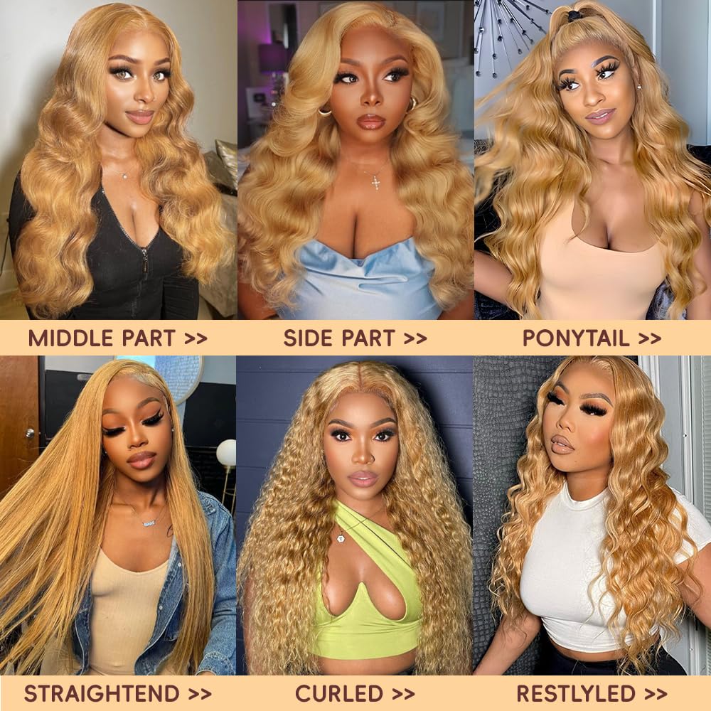Honey Blonde HD Lace Front Wig Human Hair Pre Plucked Body Wave Honey Blonde Wig Human Hair 200% Density Lace Frontal Wigs Colored 27# 28 Inch