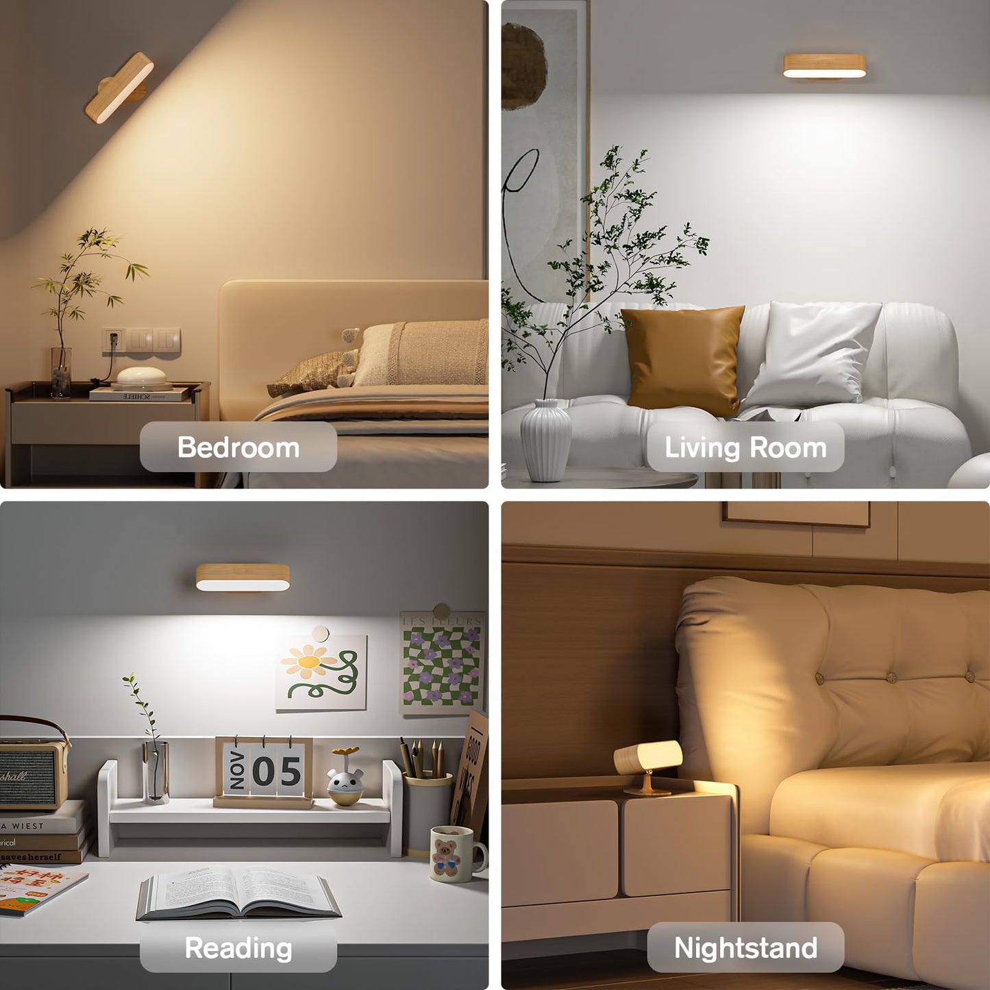 Hensam Battery Operated Wall Sconces, Wireless LED Wall Sconce Set of Two for Bedroom, Rechargeable Wall Lights for Picture, 5 Modes Dimmable Wall Lamps for Living Room, 2 Pack