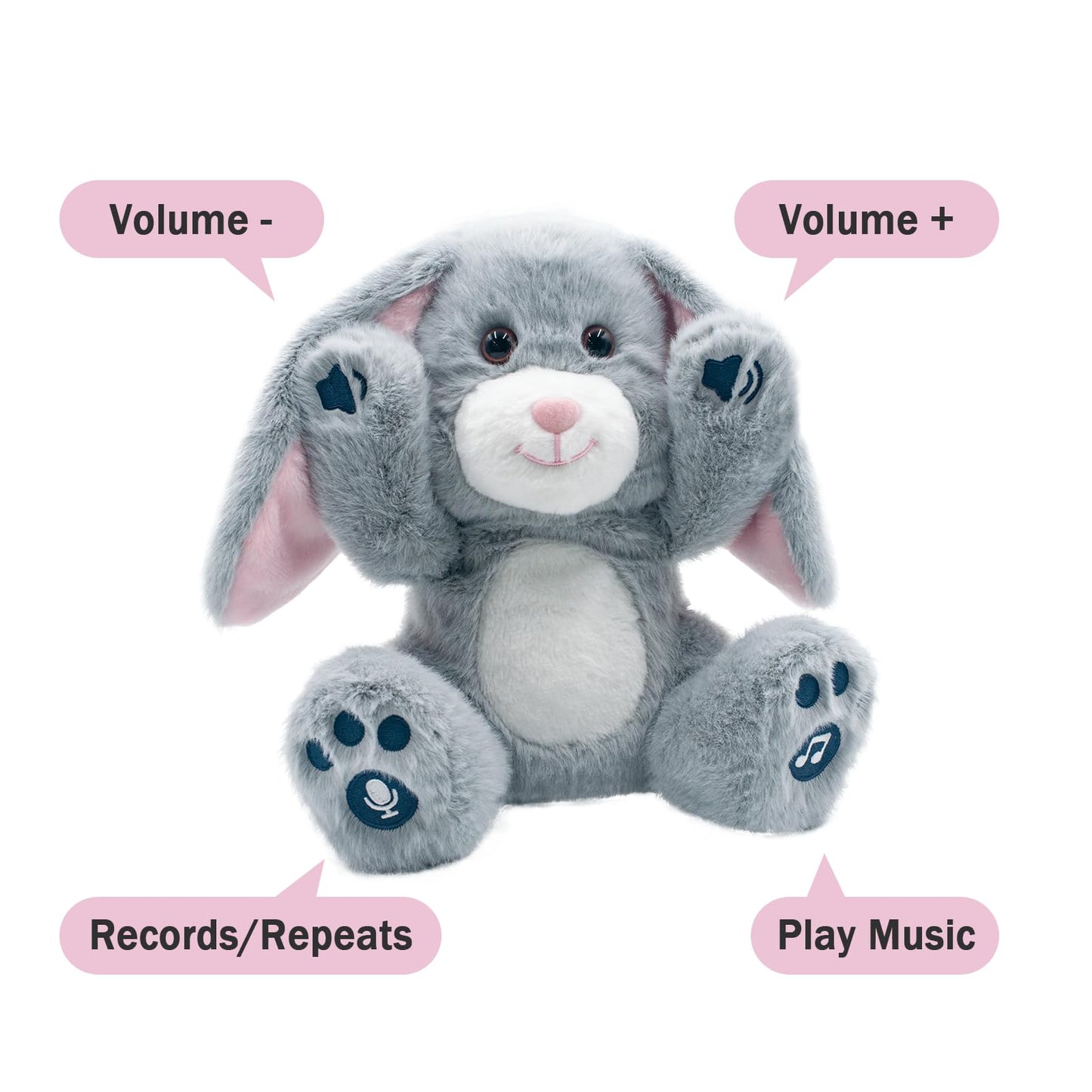 YH YUHUNG Easter Bunny Interactive Talking Plush Toy, Voice Repeat & Record, 10 Songs with Flapping Ears, Volume Control, Animated Stuffed Rabbit Easter Basket Stuffers for Toddlers Kids, Soft Gray