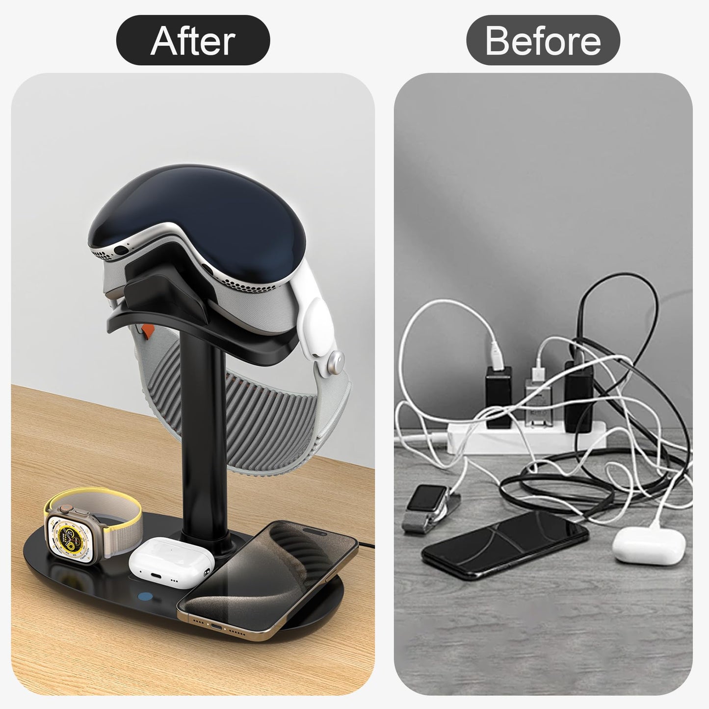 Stand for Apple Vision Pro with Wireless Charger, Suguder 4 in 1 Headphones Holder with Charging Station for AirPods Max/Pro/3/2 iWatch 10/9/8/7/6/5/4 iPhone 16/15/14/13/12 for Desktop Table Game