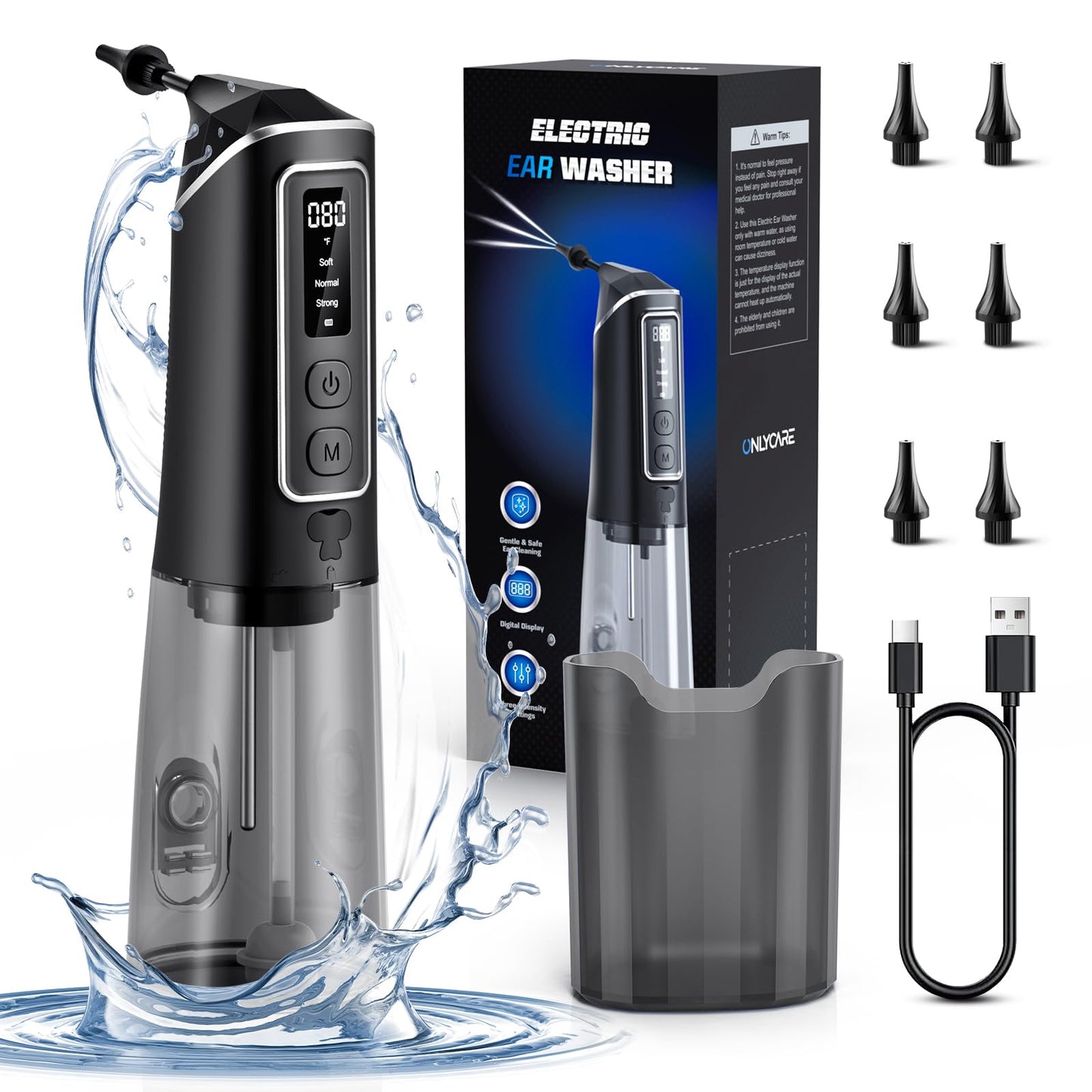 ONLYCARE Ear Wax Removal - 3 Pressure Modes LED Display Water Powered Ear Cleaner with 6 Reusable Replacement Tips - Rechargeable Ear Irrigation Flushing System Earwax Cleaning Tool