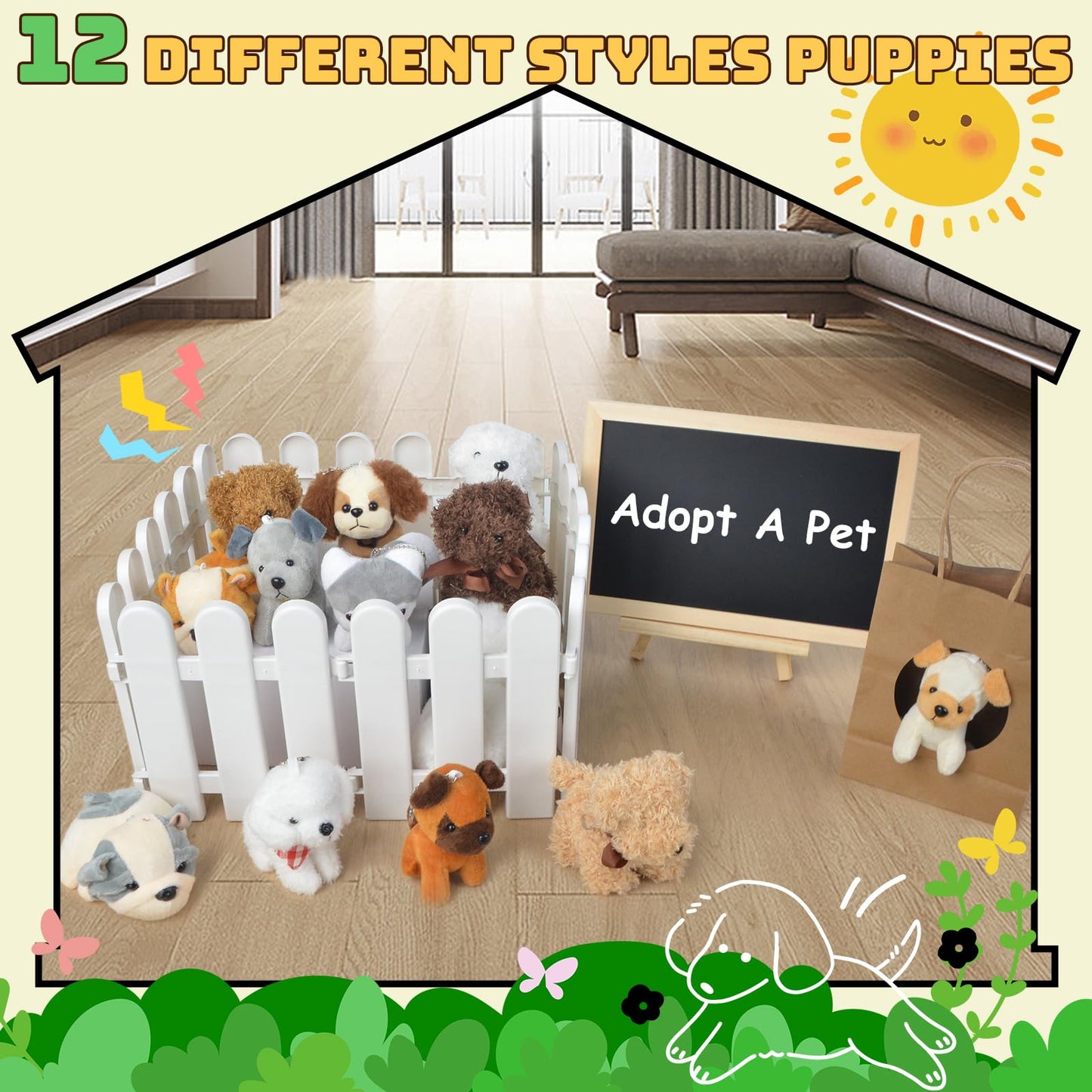letesult 36Pcs Adopt A Puppy Party Favors, Mini Stuffed Animals Adopt A Dog Set Includes 12 Stuffed Dogs 12 Kraft Paper Bags 10 White Plastic Fence Mini Chalkboard & Chalk Marker for Adopt A Pet Party