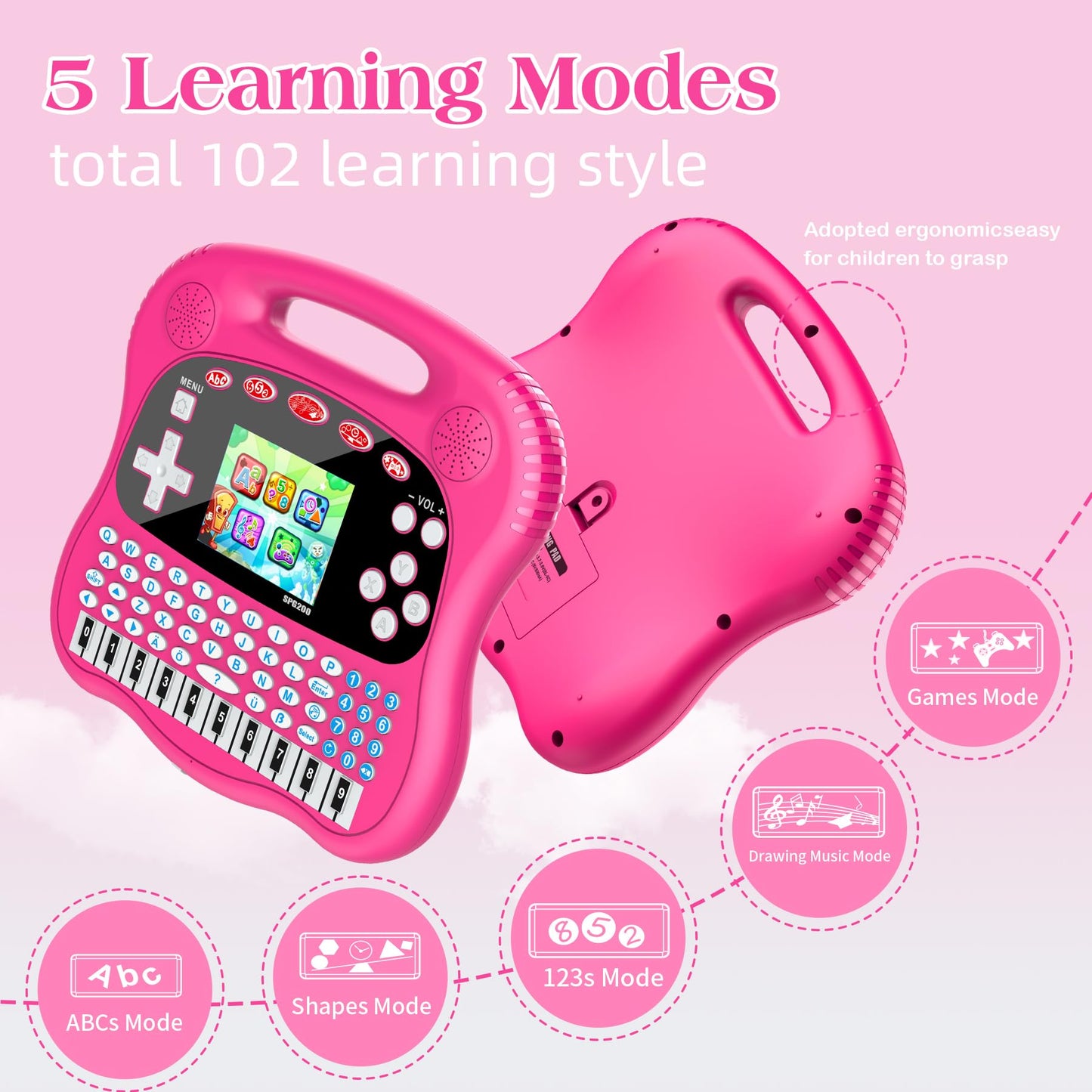 Interactive Early Learning Tablet - Educational Toys for Ages 2+ - Abc, Words, Shapes, Numbers, Games, Music - Encourages Freestanding Play - Electronic Toy Gift (Pink)