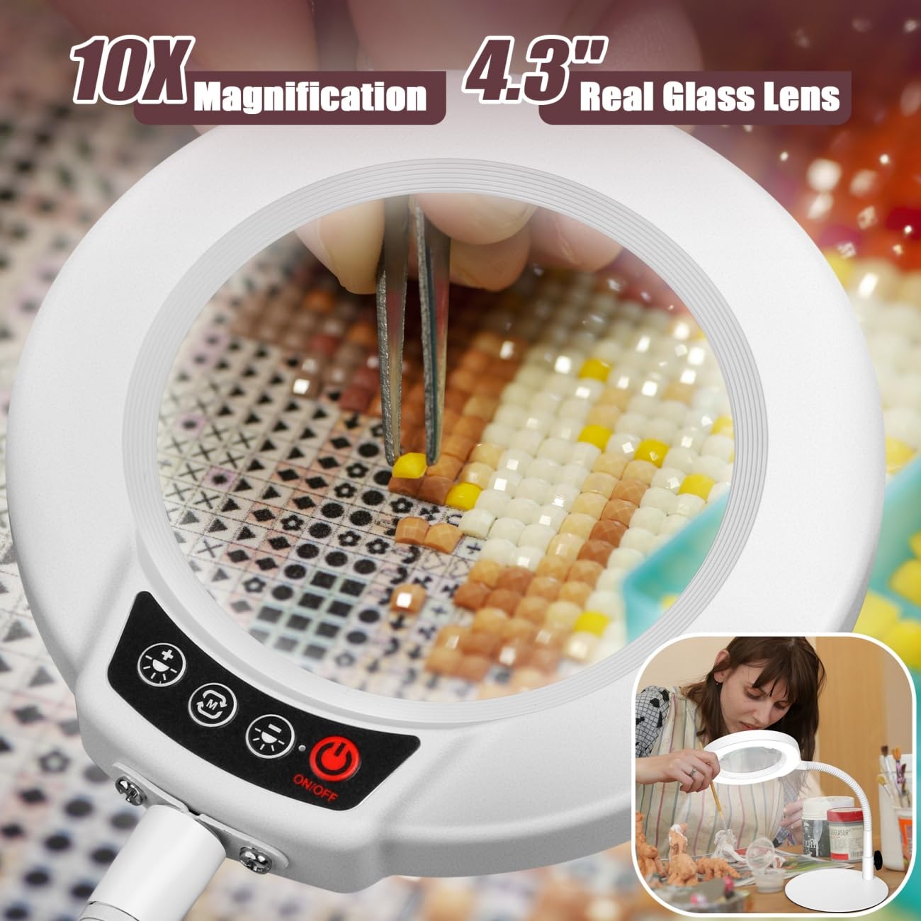 Krstlv 10X Magnifying Glass with Light and Stand, 5 Color Modes Stepless Dimmable LED Lighted Desk Lamp, Hands Free Flexible Gooseneck Magnifier with Light for Craft Hobby Painting Close Work - White