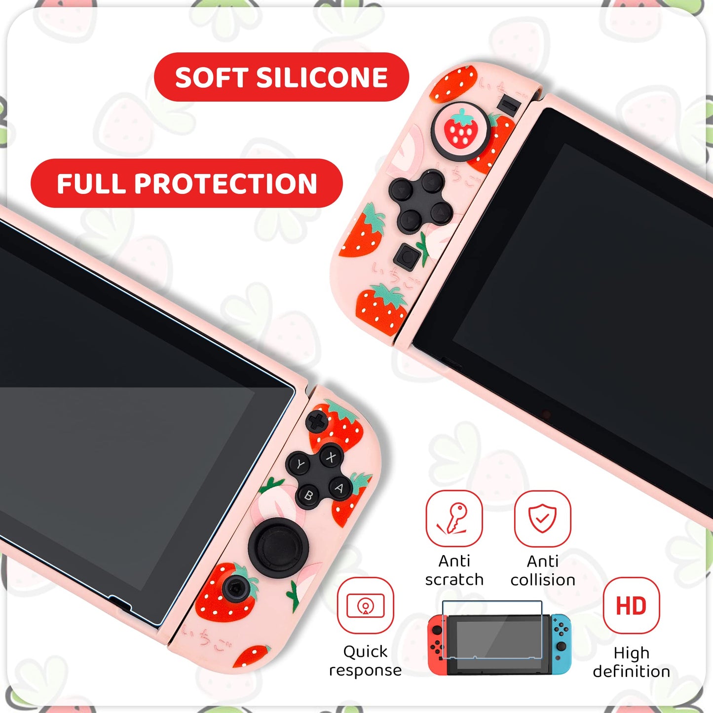 RHOTALL Cute Strawberry Carrying Case for Nintendo Switch, Hard Portable Travel Case for Switch Accessories with Protective Shell, Shoulder Strap, Game Card Case, Screen Protector and 2 Thumb Caps