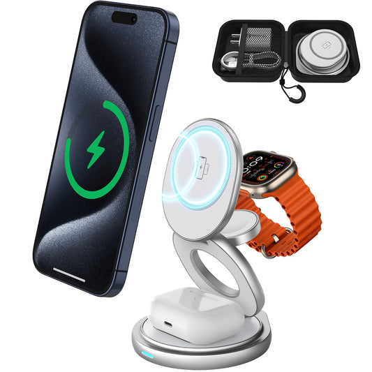 3 in 1 Charging Station for Apple Magsafe Travel Charger for Multiple Devices Aluminum Foldable Magnetic Wireless Charger with 360 Rotating for iPhone 16/15/14/13/12 Series,for iWatch,for Airpods