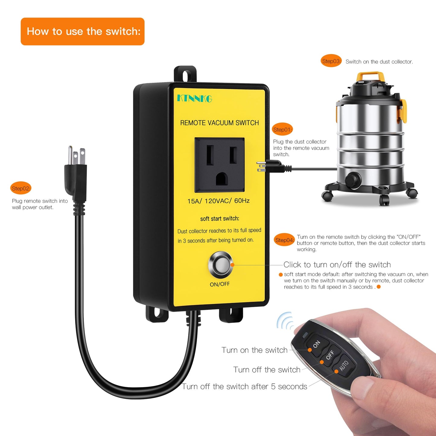 KTNNKG 120V Soft Start Outlet Automatic Switch, Remote Switch for Vacuum and Table Saw with 2 Remote Control,15A 60Hz 1800W