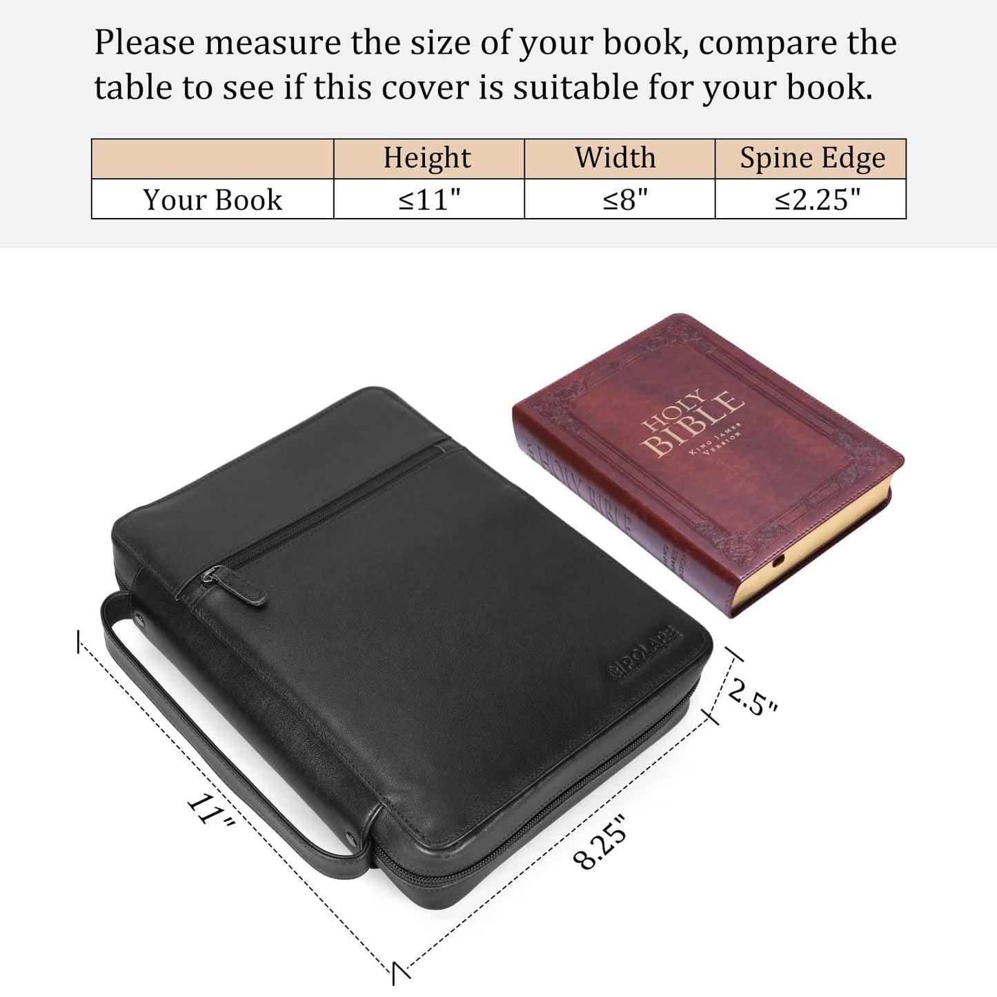 Polare Napa Leather Bible Cover Church Bag Bible Protective Book Holder Carrying Case Folder Organizer Portfolio, Black