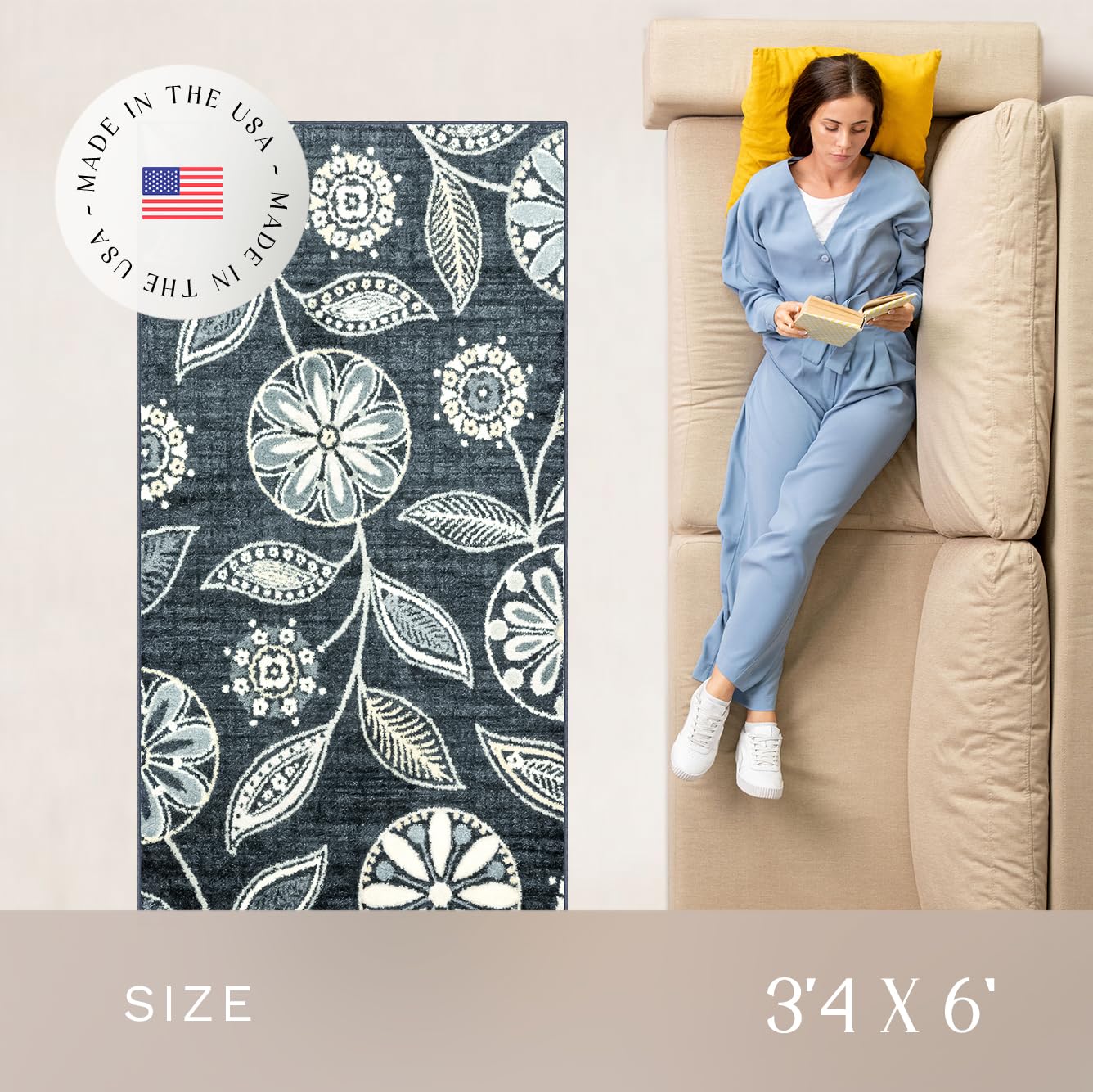 Maples Rugs Reggie Floral Area Rug - Made in USA - Washable, Non Slip, Pet-Friendly Mats for Living Room, Bedroom, and Office, 3'4" x 6', Persian Blue