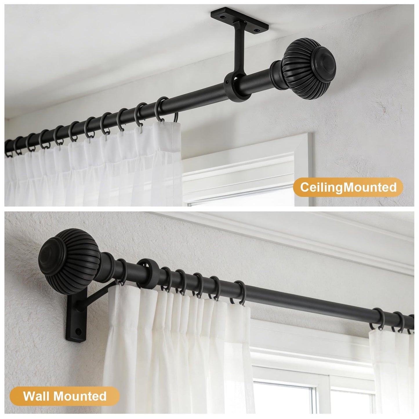 Heavy Duty Steel Curtain Rod Adjustable 32-240 Inches, 1 Inch Diameter Curtain Rod for Wide Windows - Black Space-Saving Design with Brackets