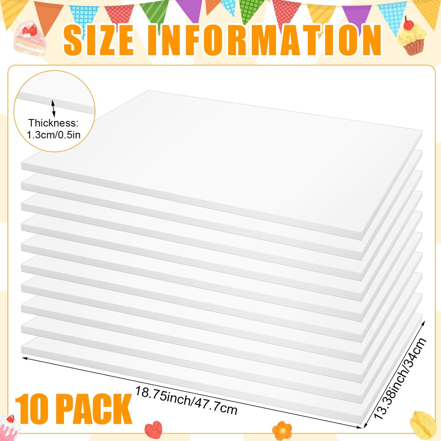 Affrolling 10 Pack 13.4 x 18.8 Inch Half Sheet Rectangle Cake Drum Board 1/2 Inch Thick Rectangular Cake Board Greaseproof Foil Corrugated Base for Desserts Display, White