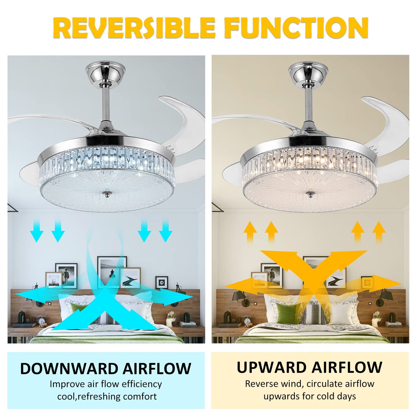 42" Invisible Ceiling Fan Chandelier Light,Modern Crystal Ceiling Fan Light Remote Control 4 Retractable ABS Blades for Bedroom Living Room Dining Room Decoration (Style D)