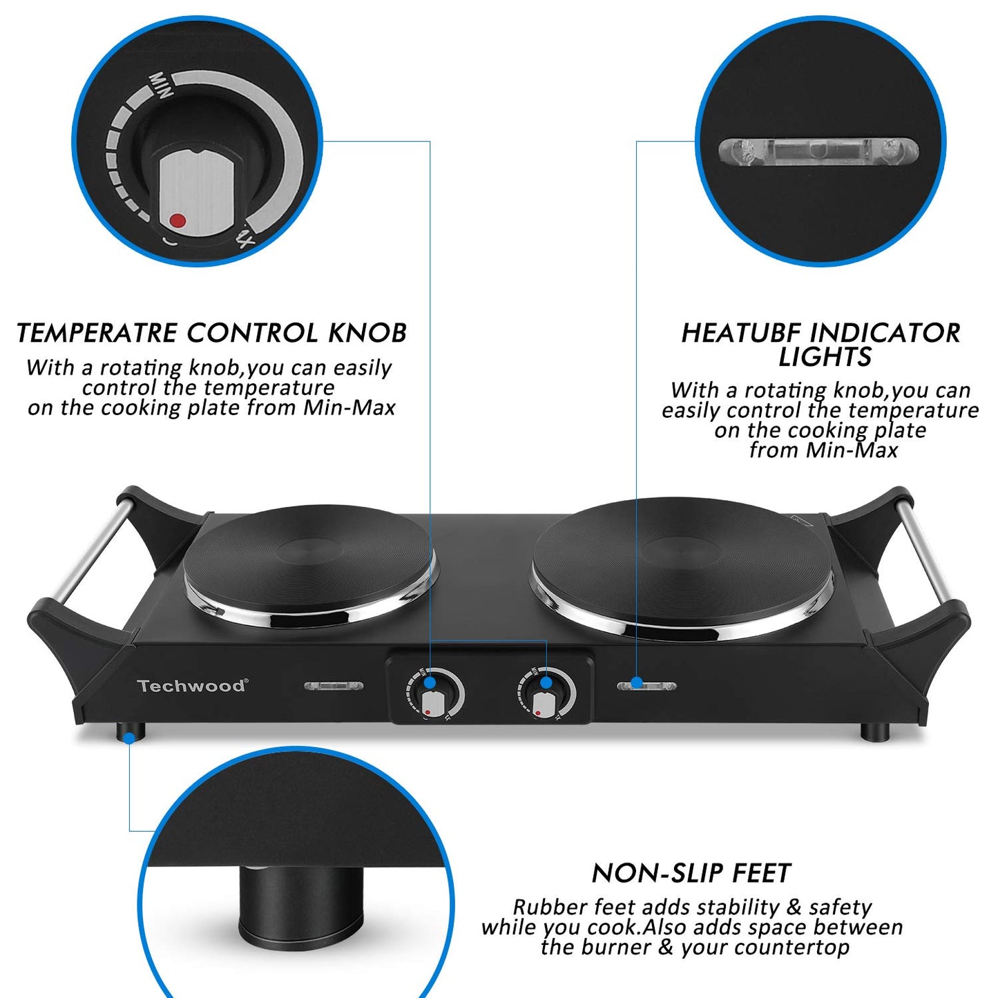 Techwood 1800W Hot Plate Portable Electric Stove Countertop Double Burner with Adjustable Temperature & Stay Cool Handles, 7.5” Cooktop for RV/Home/Camp, Compatible for All Cookwares