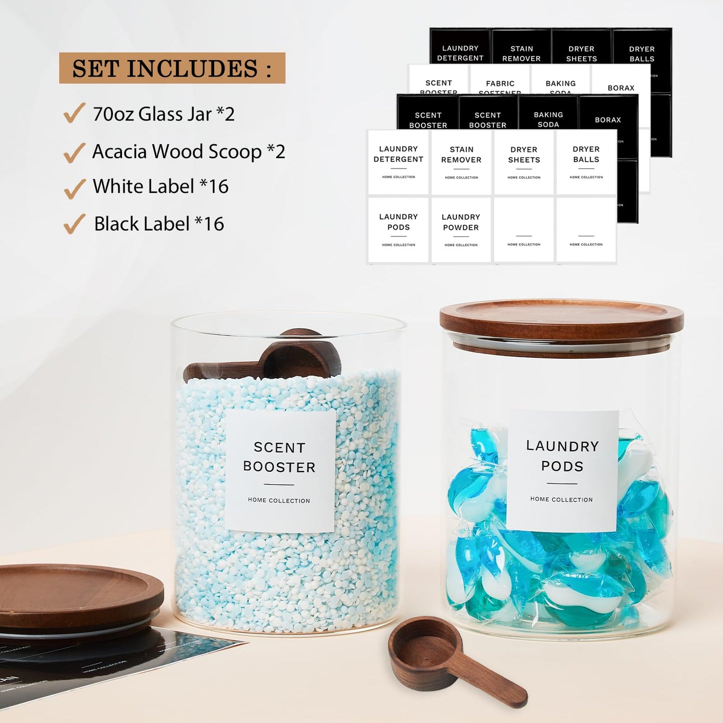 Glass Laundry Storage Containers Set, 4 Pack Liquid Detergent Dispenser with Cork Lid & Laundry Room Organization Jar with Acacia Lid, Fabric Softener Dispenser Bottles and Powder Detergent Organizer