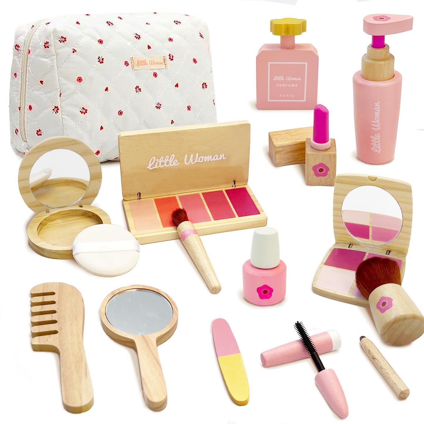 ManManLine Wooden Pretend Makeup Toy Set for Girls, Realistic Cosmetic Kit with Lipstick & Mirror, Pretend Play Gift for Toddlers & Kids Ages 3-8