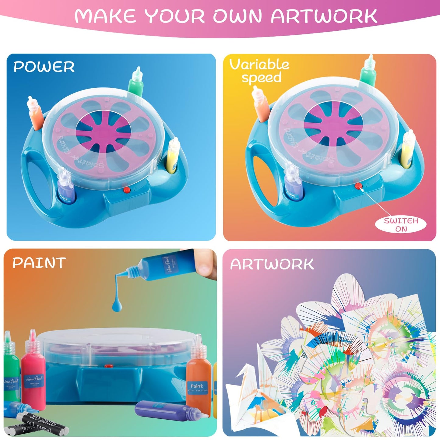Sixth Space Spin Art Machine with Adjustable Speed for Kids Ages 6+, Arts&Crafts Paint Spinner Toys with Thicker Splatter Guard, Origami Artwork, Kids Crafts Kits, Gift for Boys Girls Adults