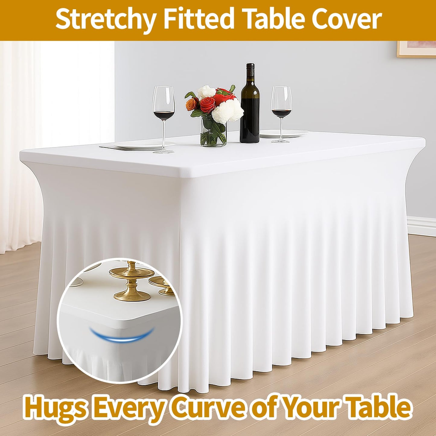 Deep Dream 2 Pack White Spandex Table Covers 6 Foot, Fitted Stretch Tableclothes 30x72 Inch, Wrinkle Free 6FT Fitted Table Clothes with Skirt for Party, Banquet, Wedding and Events