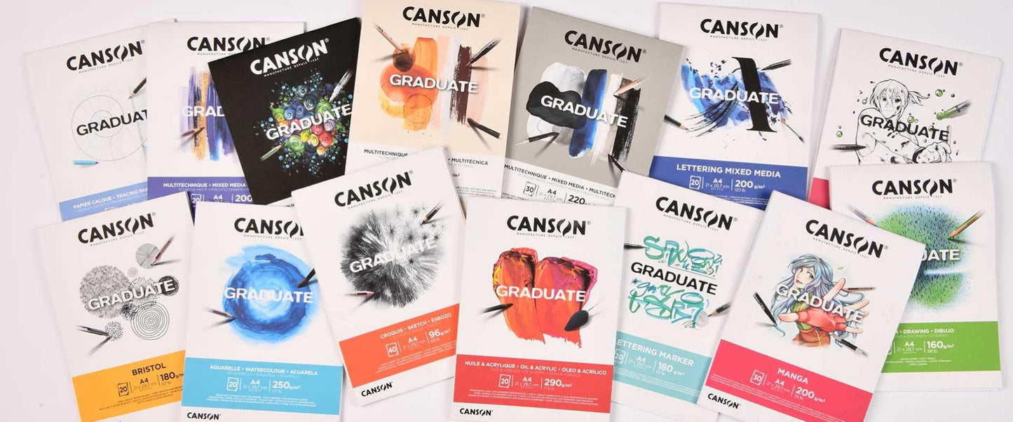 CANSON Graduate Mixed Media 220gsm A3 Paper, Double Sided: Grained and Smooth, Pad Glued Short Side, 30 Grey Sheets, for Student Artists
