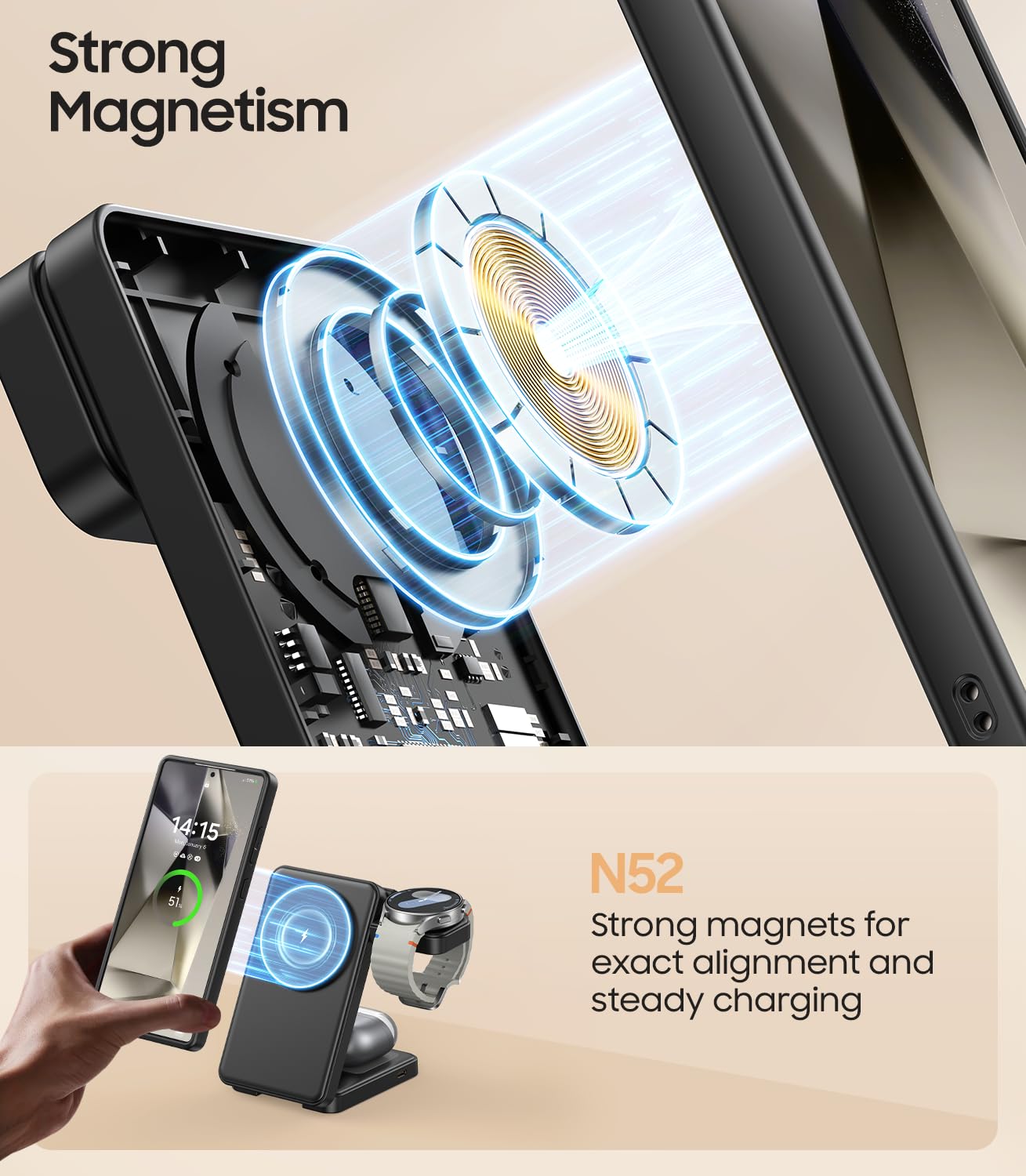 3 in 1 Magnetic Foldable Wireless Charger for Samsung, Fast Mag-Safe Charging Station for Galaxy S25 S24 S23 Ultra Plus/Z Fold/Z Flip 7/6/5, Charger Stand for Galaxy Watch Ultra /8/7/6/5/Pro, for Buds
