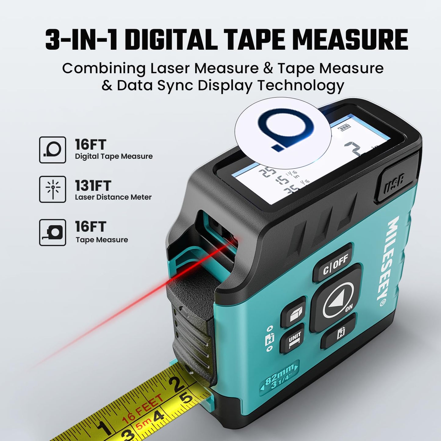 3-in-1 Digital Tape Measure, MiLESEEY Laser Tape Measure with Phone App, Real Time Digital Screen, Rechargeable Laser Measurement Tool