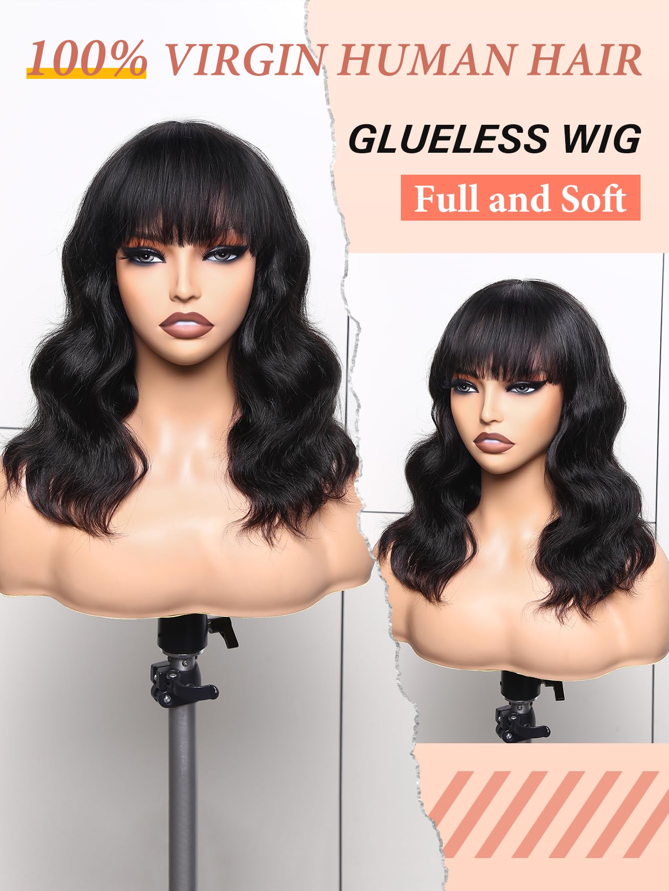 WIGNEE Natural Wave Wigs with Bangs 100% Brazilian Human Hair Fashion Wave Wigs Natural Black (14 Inch)