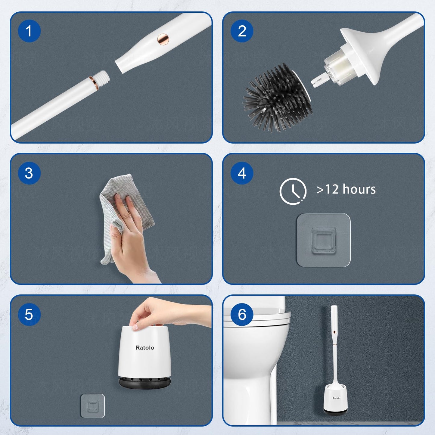 Ratolo Electric Toilet Bowl Brush,Silicone Toilet Brush,Toilet Bowl Brush and Holder Set with Ventilated Holder,Toilet Brush, Floor Standing, Wall Mounted Without Drilling，Rechargeable 2packs