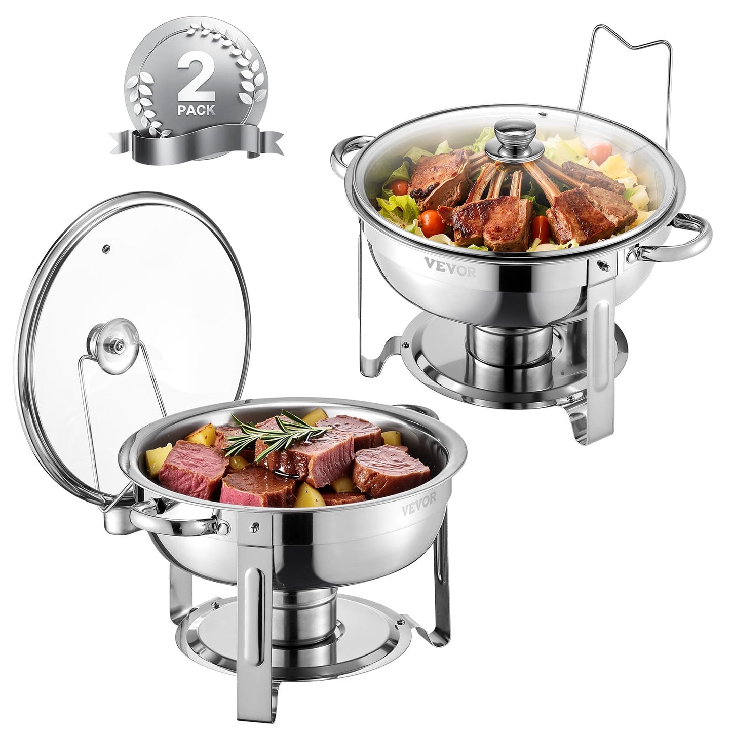 VEVOR Chafing Dish Buffet Set,5 Qt 2 Pack,Stainless Steel Chafer with 2 Full Size Pan,Round Catering Warmer Server with Glass Lid Water Pan Folding Stand Fuel Holder, for Wedding Party Banquet, Silver