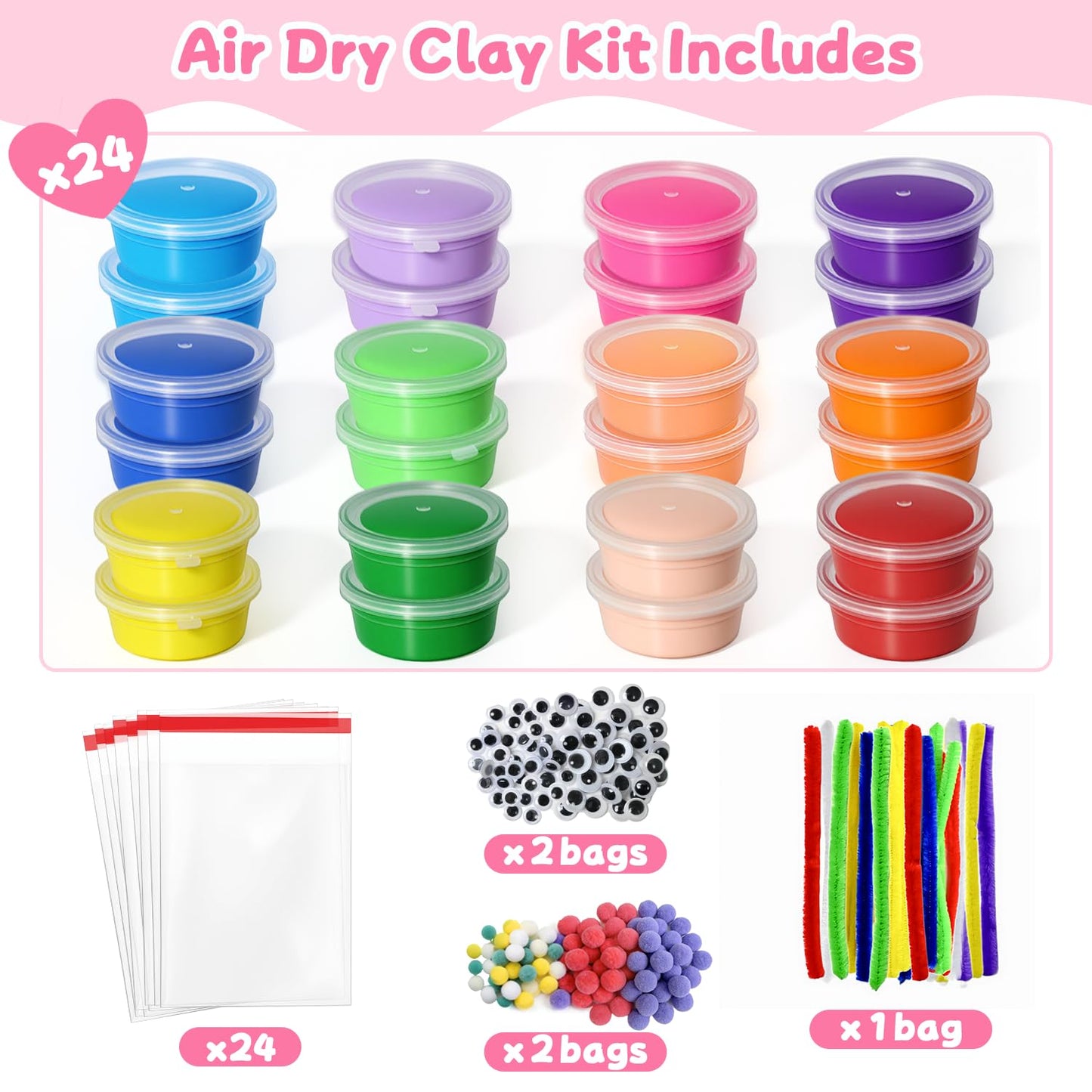 DEKWELL 24 Packs Valentines Day Cards for Kids School Classroom with DIY Air Dry Clay Bulk,Valentines Day Gifts for Kids Classroom Valentine Exchange Presents