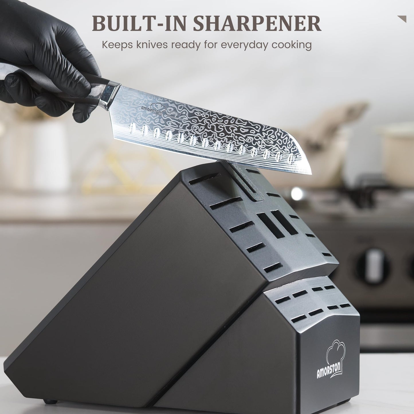 Amorston 22 Pieces Knife Set, Laser Engraved High Carbon Stainless Steel Knife Block Set, Full Tang Professional Kitchen Knife Set with Built-in Sharpener, Fathers Day Gift for Men