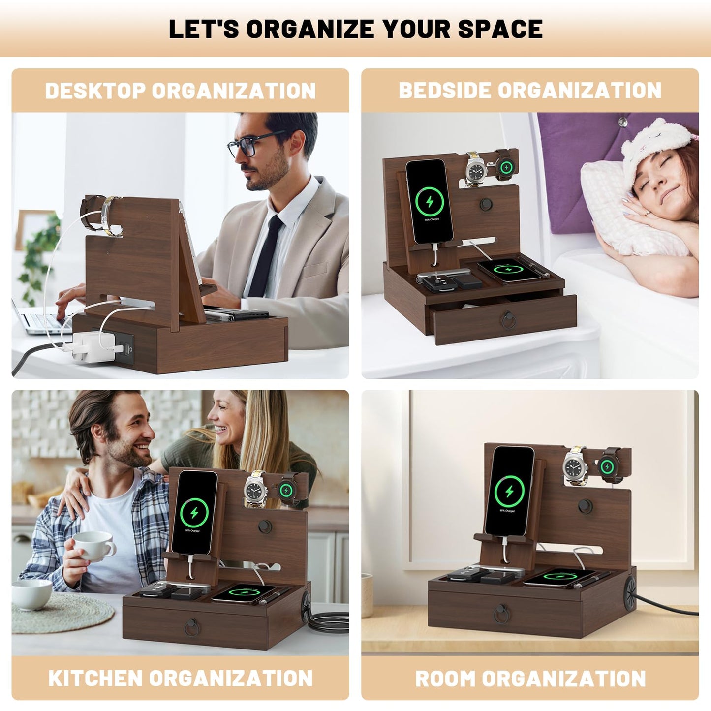 Wood Phone Docking Station with USB Ports and Outlets, Nightstand Organizer with Charging Station, Bedside Organizer with Drawer for Watch & Accessories, Christmas Anniversary Birthday Gifts for Men