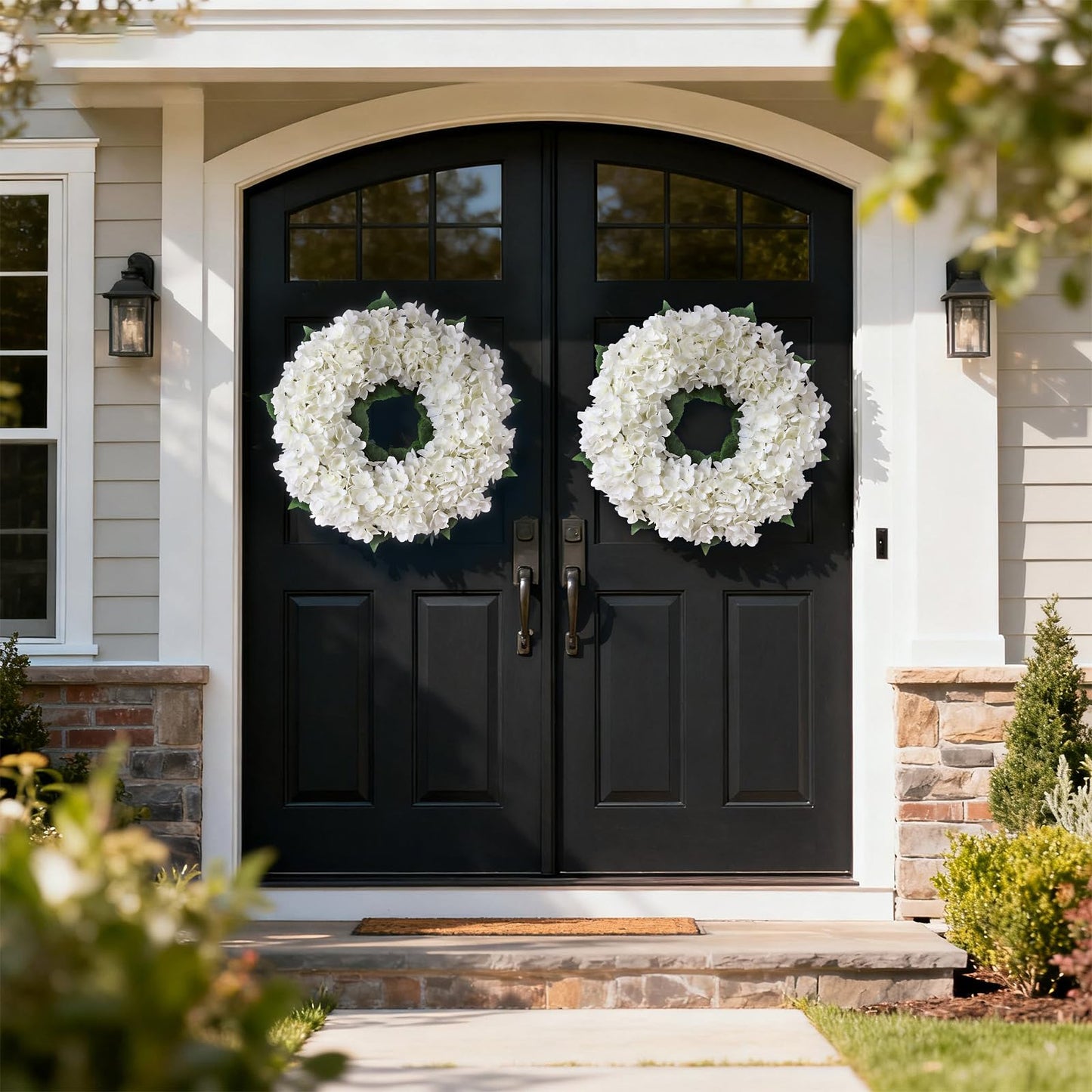Artificial Hydrangea Wreath for Front Door, 21" Spring Summer White Flower Wreath, Faux Hydrangeas Leaves for Home Mantel Wall Farmhouse Decor