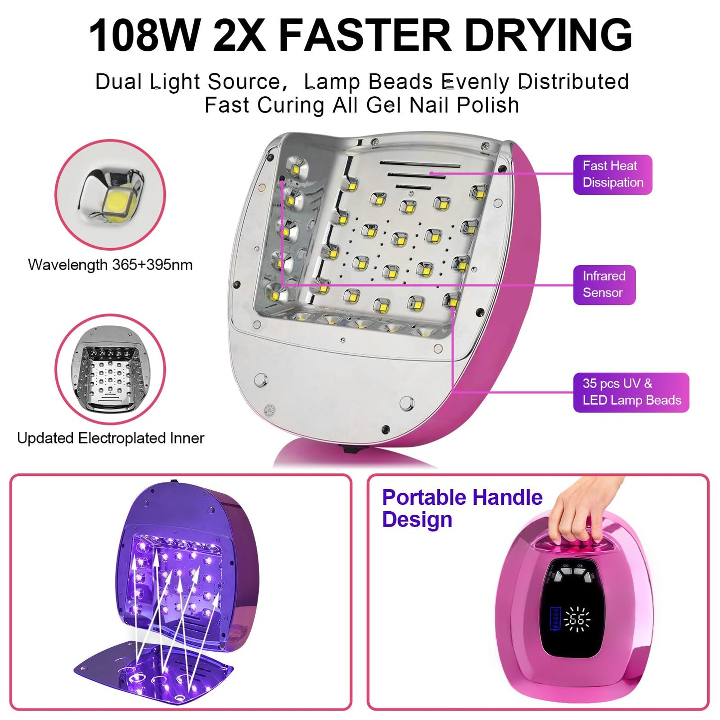 UV LED Nail Lamp Rechargeable,108W Professional Cordless UV Light for Gel Nails,Portable Metallic Nail Dryers with UV Gloves & Nail Kit,Fast Curing Gel Polish Lamp Smart Sensor 4 Timer 35 Lamp Beads