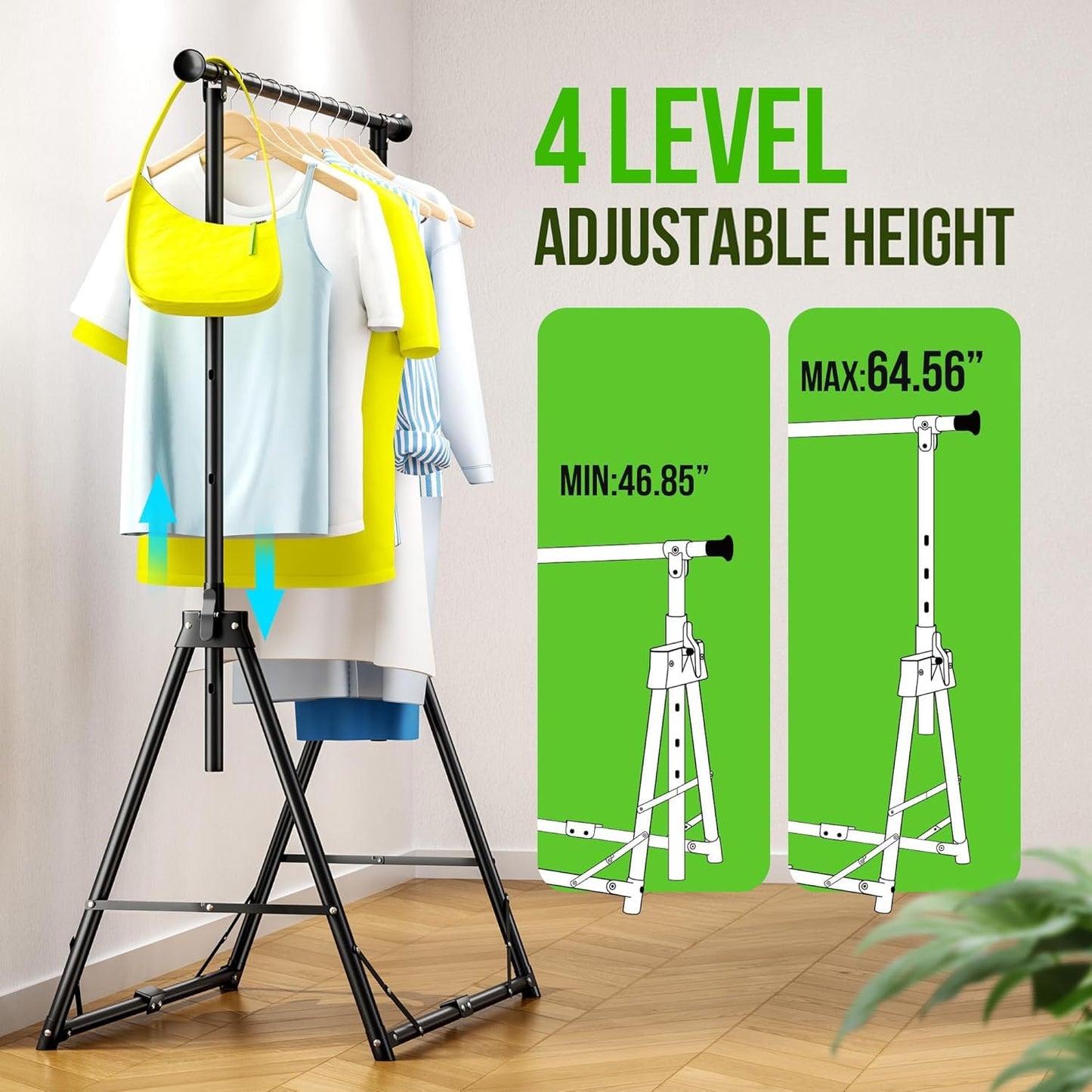 MAXLEAD HOME Clothes Rack Foldable Clothing Rack, 64.5''H Collapsible Garment Rack with 4 levels Adjustable Height, Portable Coat Rack for Travel, Camping, Drying, RV, Indoor, Outdoor, Easy Assemble