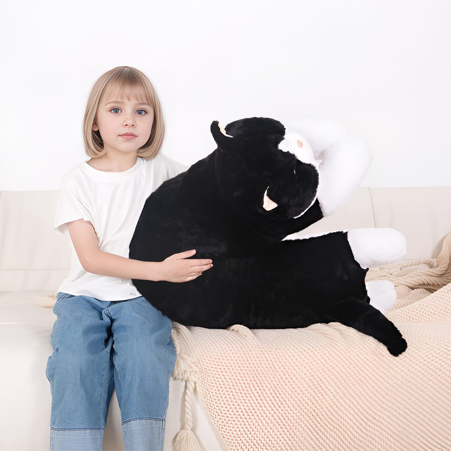 40'' Large Cat Sleeping Long Plush Pillow Toy, Milk Black White Kitty Soft Cat Stuffed Animals, Big Kitten Plushies Cute Doll Gift for Kids Girls Boys, Birthday