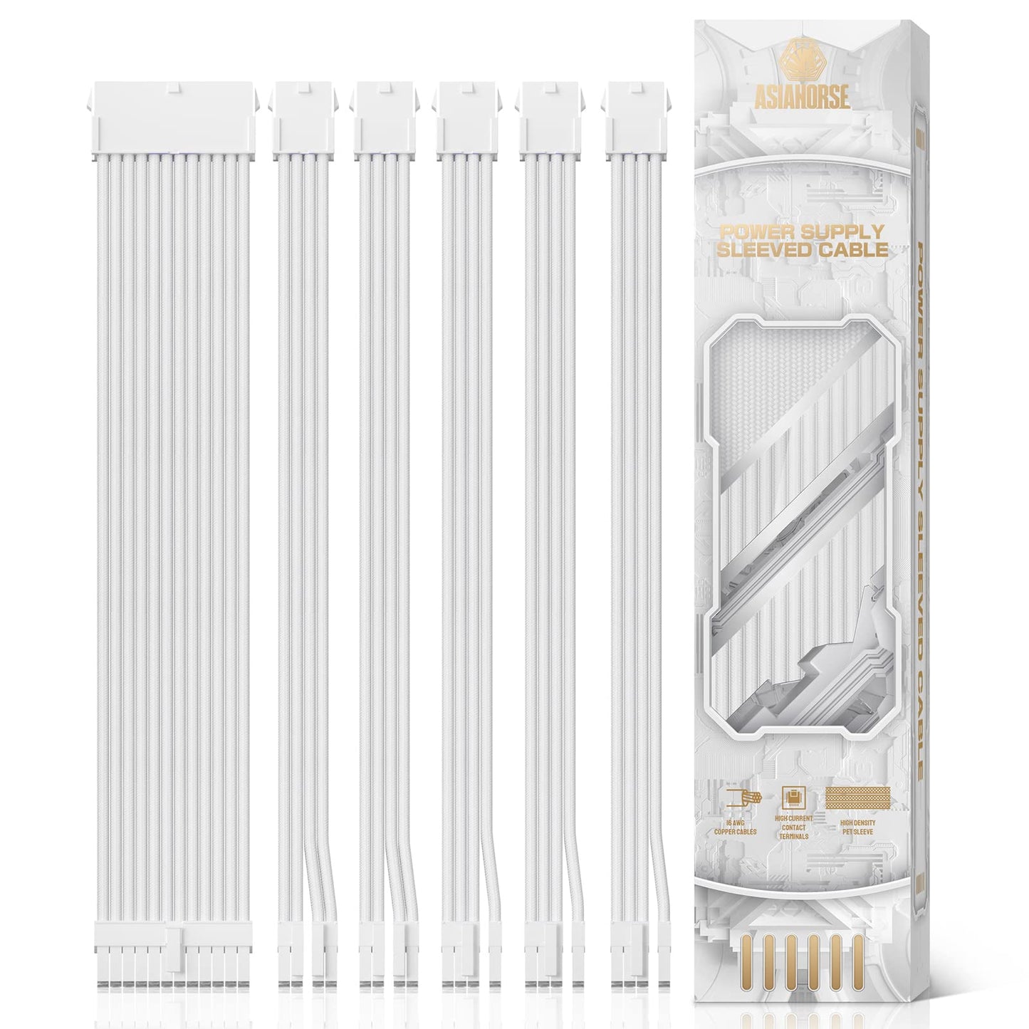AsiaHorse Power Supply Sleeved Cable, 16 AWG PSU Extension Cable Kit of White Connector, 1x24Pin/2x4+4 EPS/3x6+2 PCI-E, 30cm Length with Combs-White