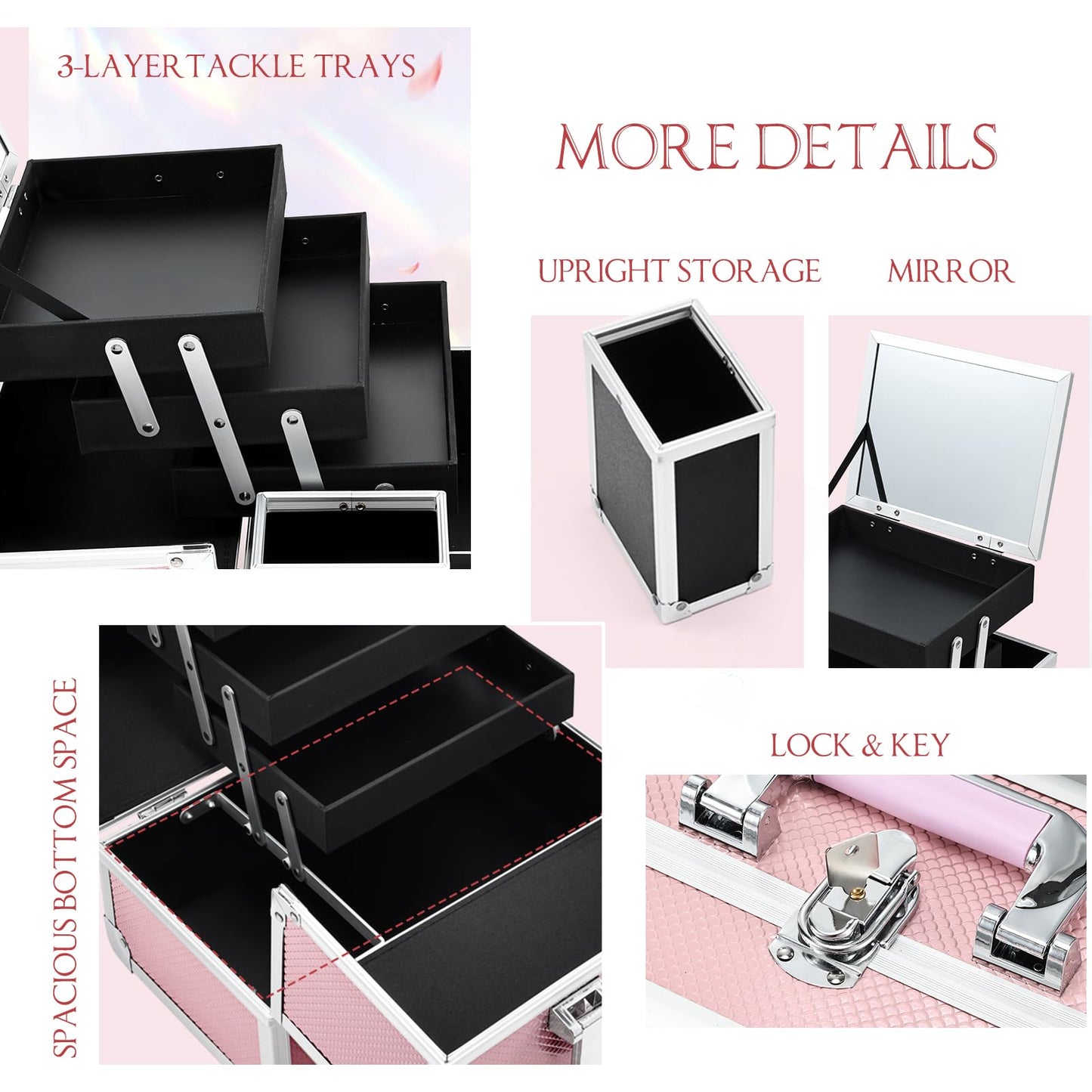 Joligrace Makeup Train Case Cosmetic Box 11.8 Inches Jewelry Organizer Professional 3 Tiers Trays with Mirror and Brush Holder Lockable Key Portable Travel Mermaid Pink