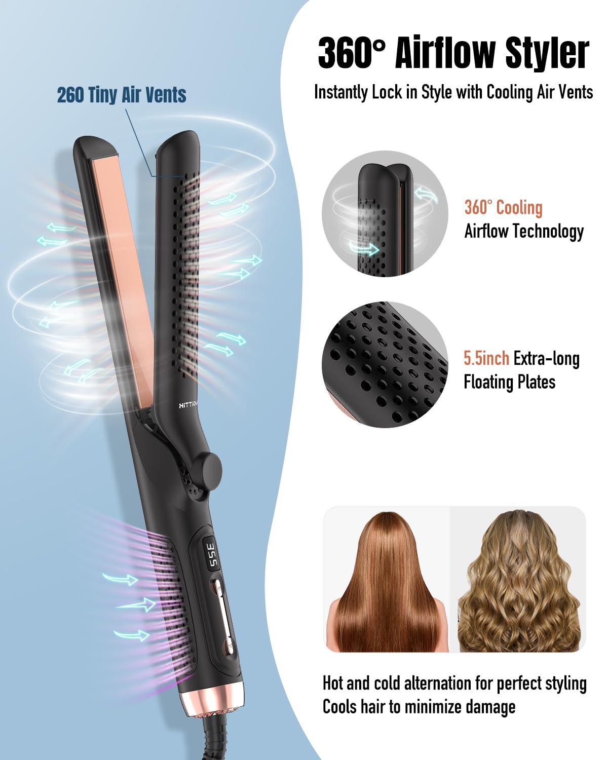 360° Airflow Styler Curling Iron - 1.25 Inch Hair Straightener and Curler 2 in 1 with Vented Cool Air to Lock Style, Extra Long Flat Iron Curling Wand, 5 Temps LCD Display, Dual Voltage for Travel