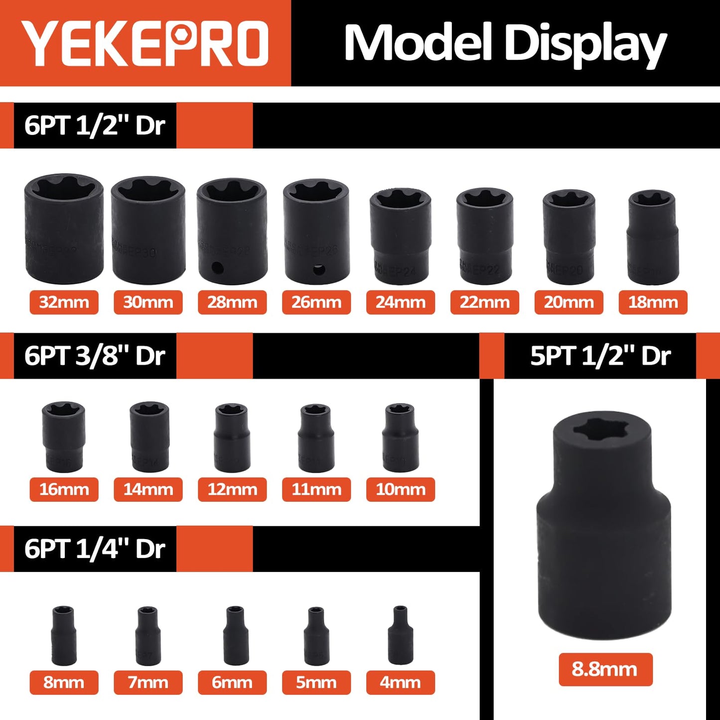 YEKEPRO External Torx Plus 19pc Socket Set, 6 Point EP Socket with 1/2'' 3/8'' 1/4'' Drive EP4 EP5 EP6 EP7 EP8 EP10 EP11 EP12 EP14 EP16 EP18 EP20 EP22 EP24 EP26 EP28 EP30 EP32