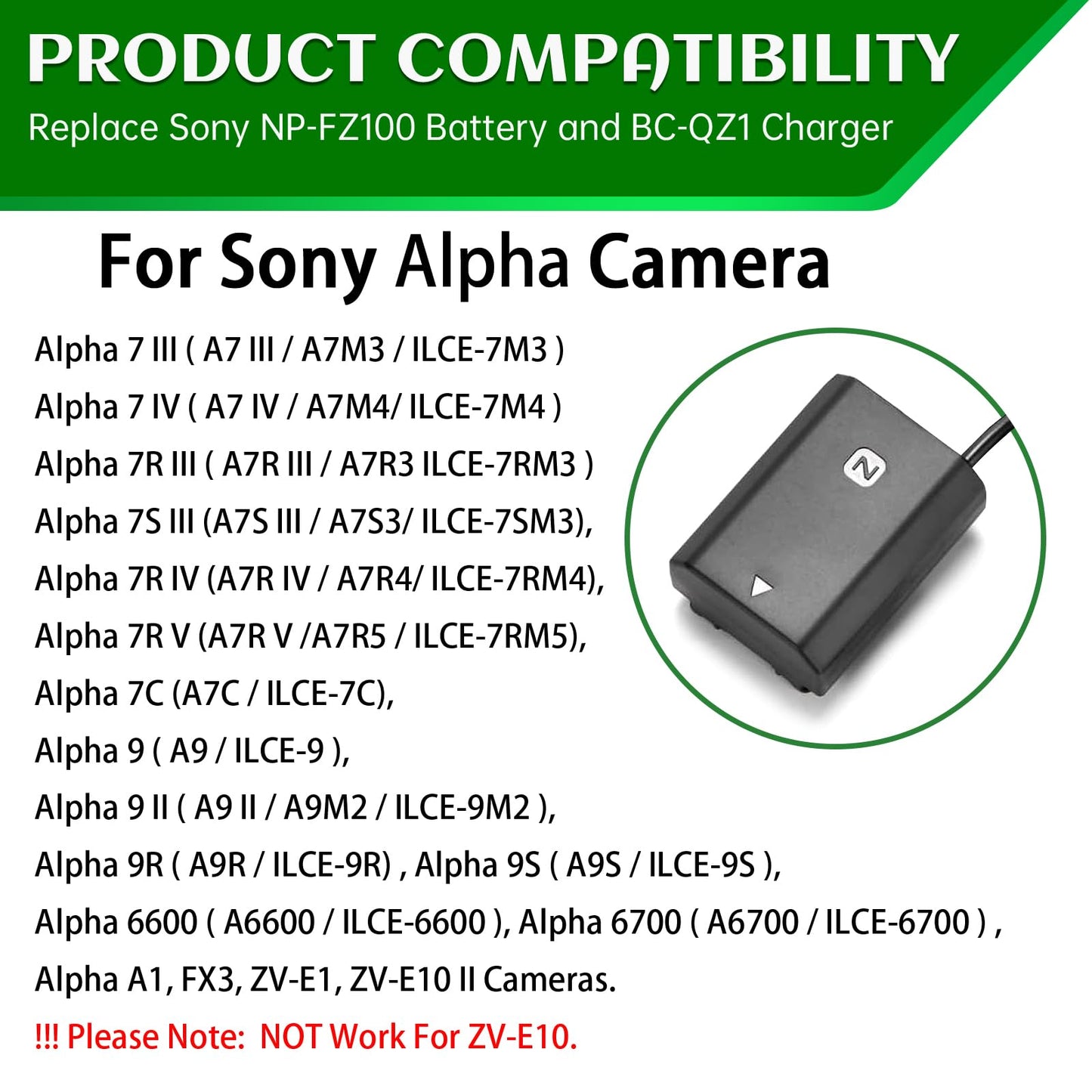 Gonine NP-FZ100 A7III Dummy Battery NPFZ100 Continuous Power Supply Adapter Charger Kit, for Sony Alpha A7III A7IV A6700 A6600 ZV-E1, A7SIII A7C A1 FX3 A7R3 A7R IV, A9 A9R A9S Cameras.