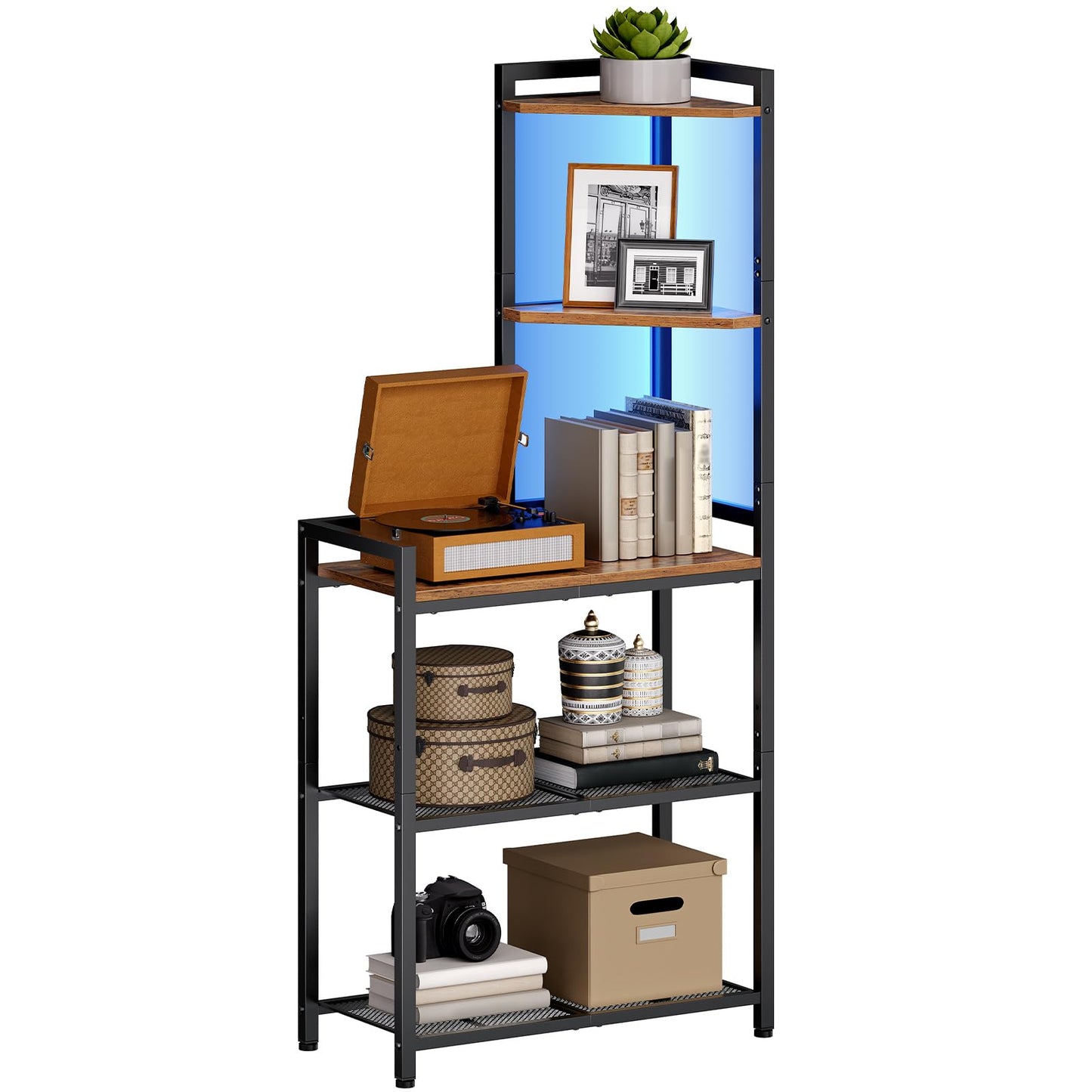 HOOBRO 5-Tier Corner Shelf Stand, Corner Shelf with LED Light, 56.3" Tall Corner Bookshelf, Display Rack Storage Organizer with Table, for Small Spaces, Living Room, Entryway, Rustic Brown BF69DCJ01