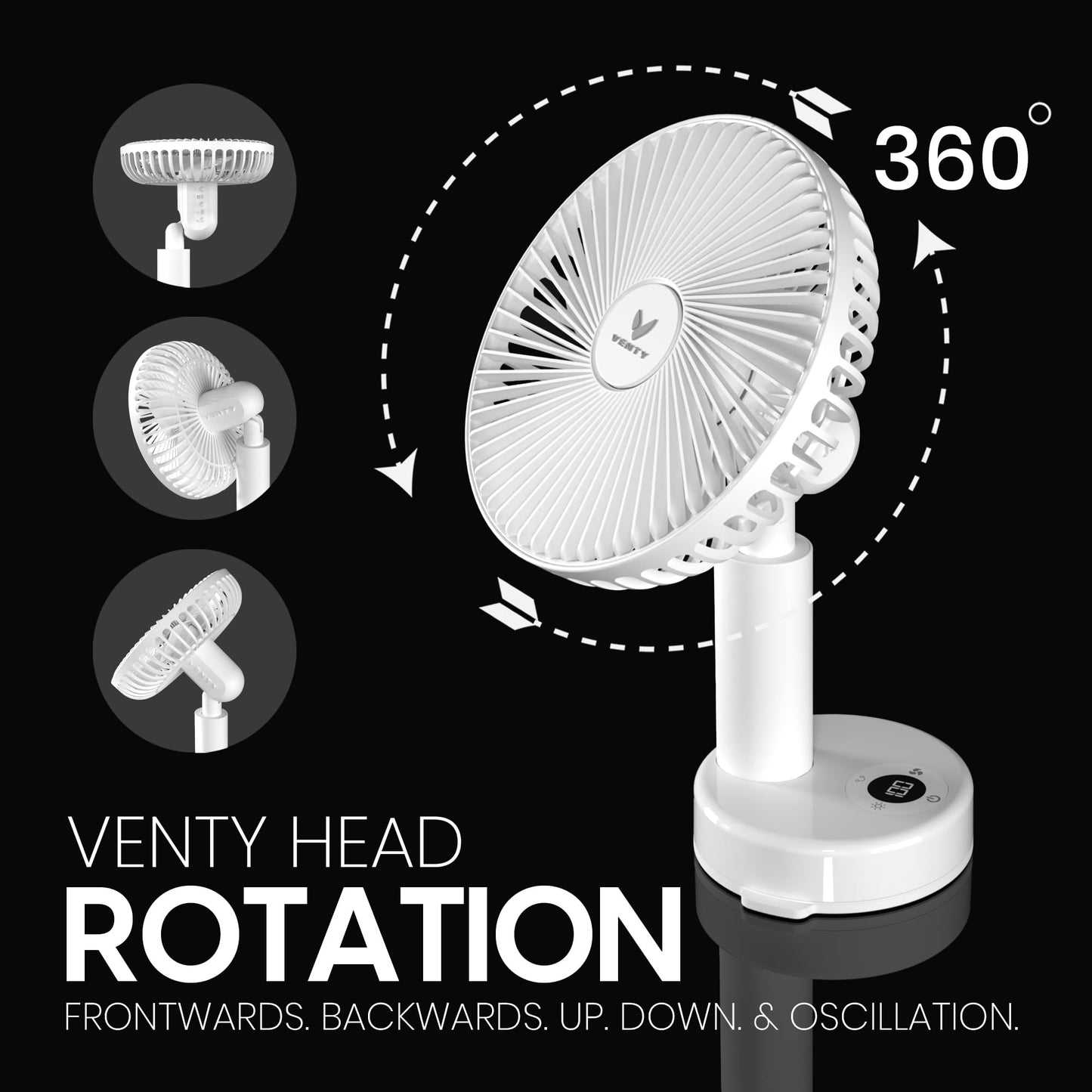 VENTY Portable Clip Fan - Rechargeable 10-Hour Battery Portable Fan - 360° Rotation & 90° Tilt - Stroller Fan, Desk Fan or Bedside Fan - Aromatherapy & LED Light - USB-C Cable & Carrying Pouch