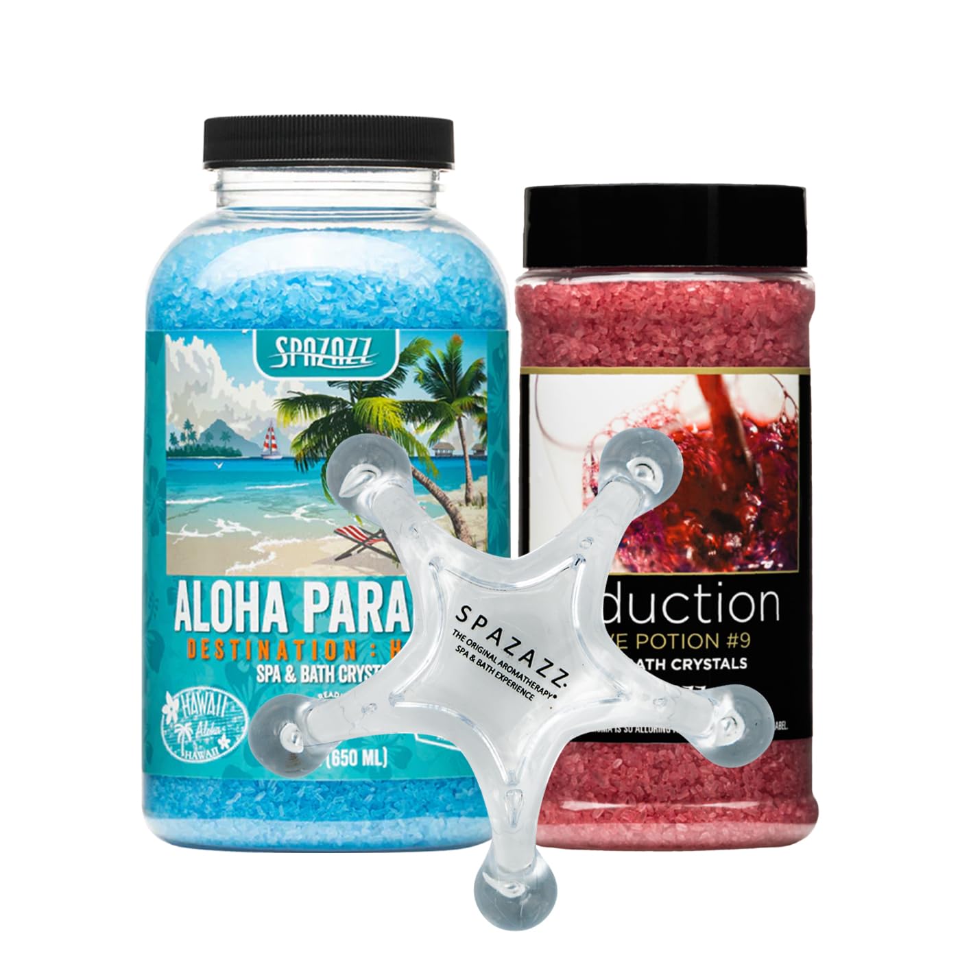 Spazazz Spa and Bath Salt Aromatherapy Crystals for Hot Tub - Gift Bundle Set The Mood Love Potion #9 Seduction 17oz - Destinations Hawaii Aloha Paradise 22oz with 5 Point Full Body Massage Tool