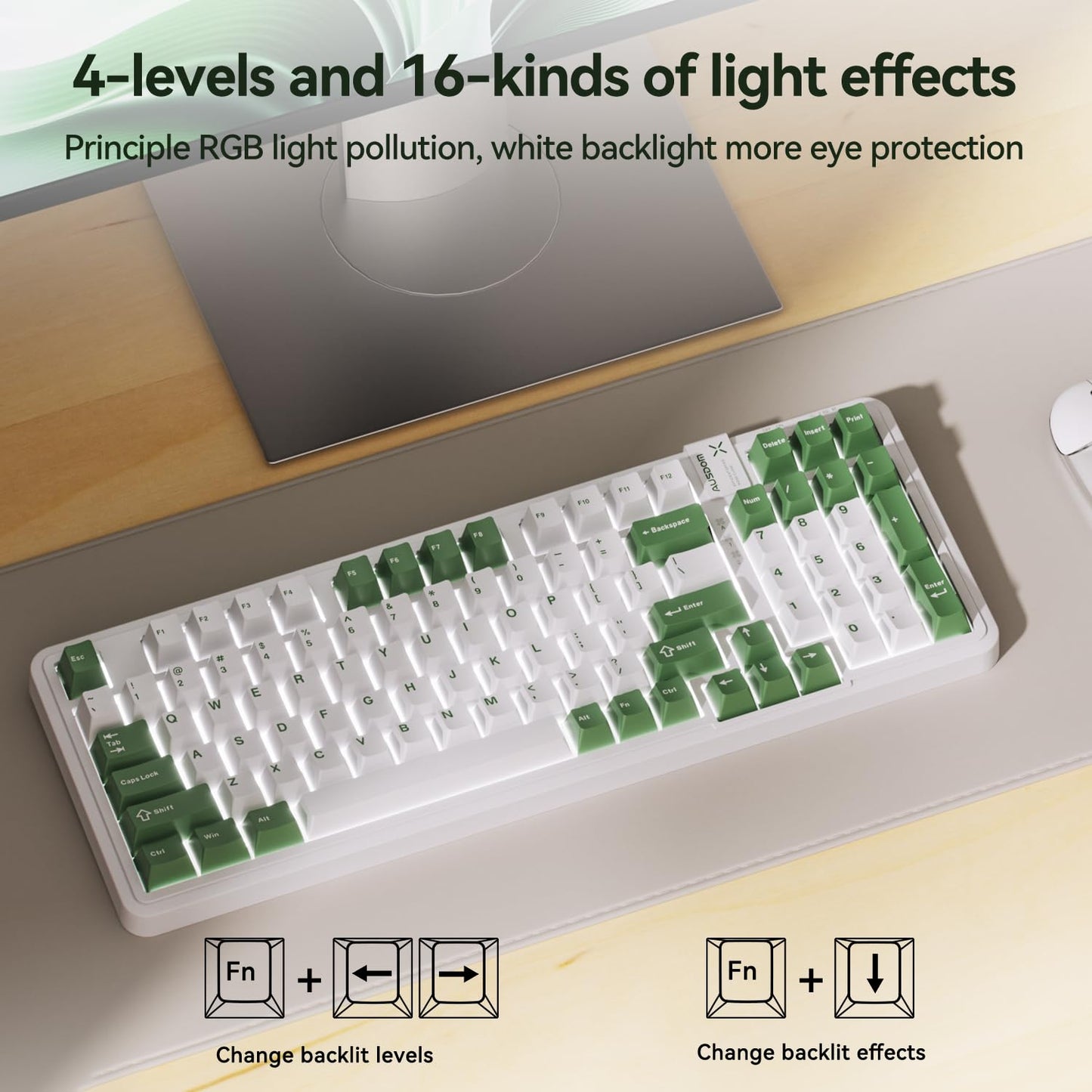 AUSDOM 98Pro Silent Mechanical Keyboard,Wireless Hot Swappable Gaming Keyboard with Backlit,Gasket Structure,Pre-lubed Tactile Switches,2.4GHz/Type-C/Bluetooth Custom Keyboard(Green & White-Silent)