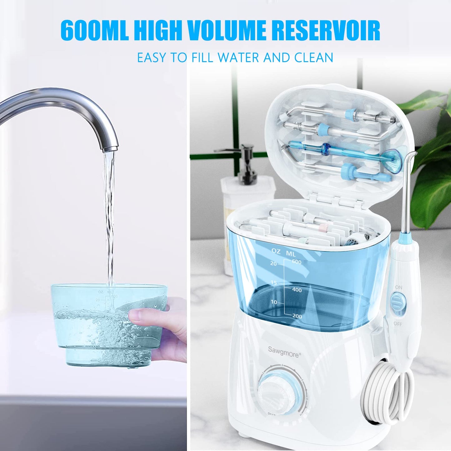 Sawgmore FC166 Water Flosser for Teeth/Braces, 600 ml Large Capacity, 10 Adjustable Pressures,8 Home Nozzles Professional Oral Irrigator for Teeth Clean(White)