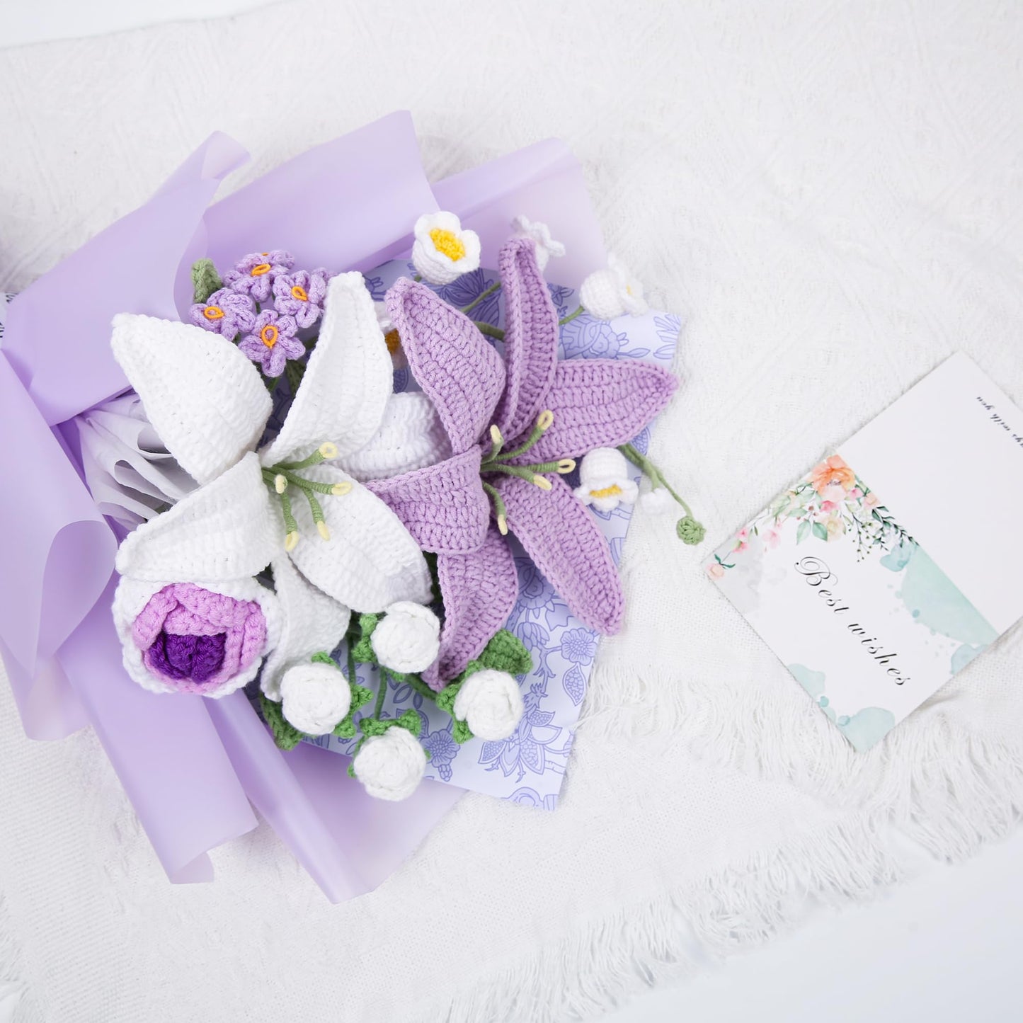 EZsenses Crochet Flower Bouquet, Handmade Knitted Lily Faux Crochet Flowers for Home Decor Valentines Day Anniversary Weddings Birthdays Mother’s Day, Includes Gift Bag and Greeting Card (Lily)